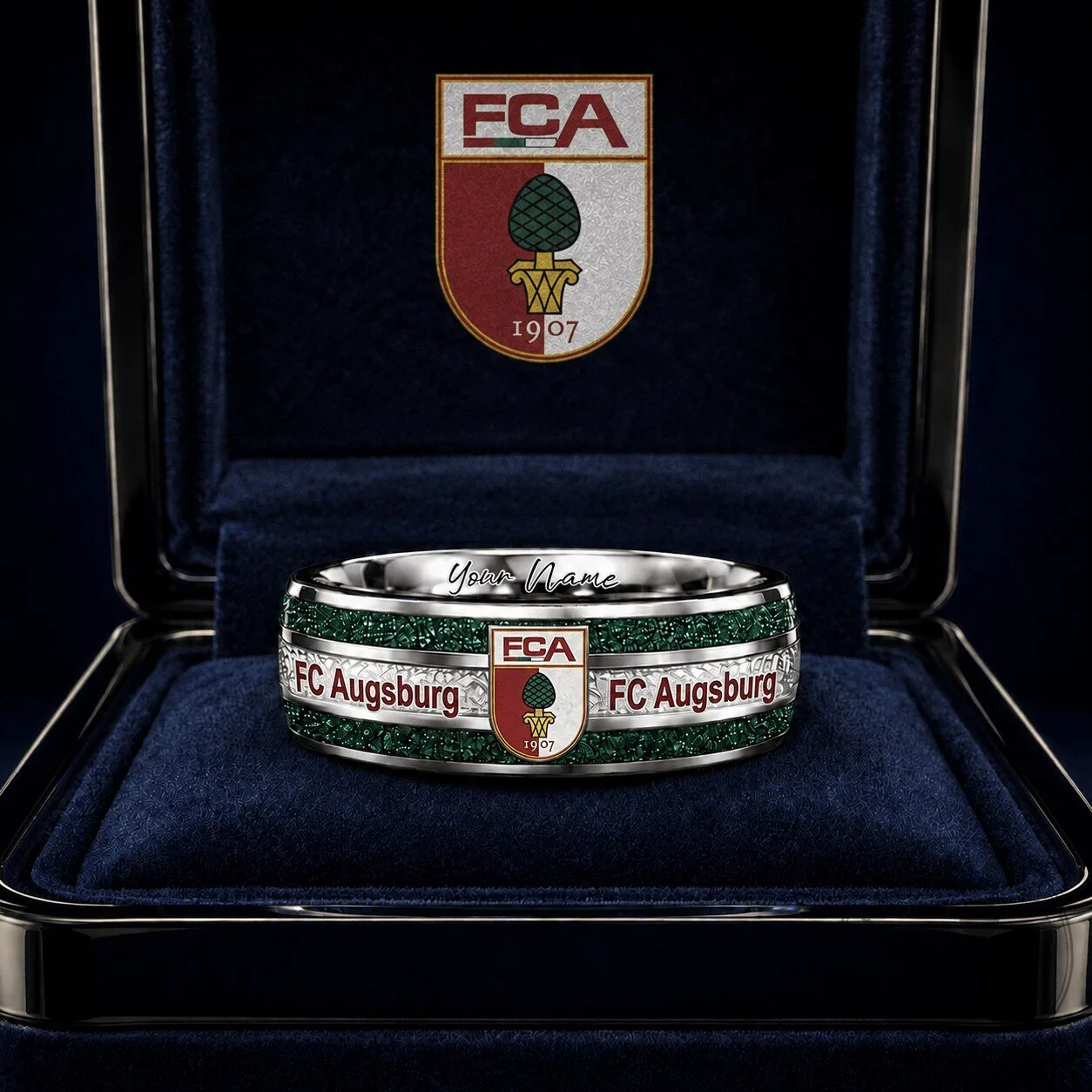 FC Augsburg Bundesliga Custom Name Ring with Green Gemstones for Fan