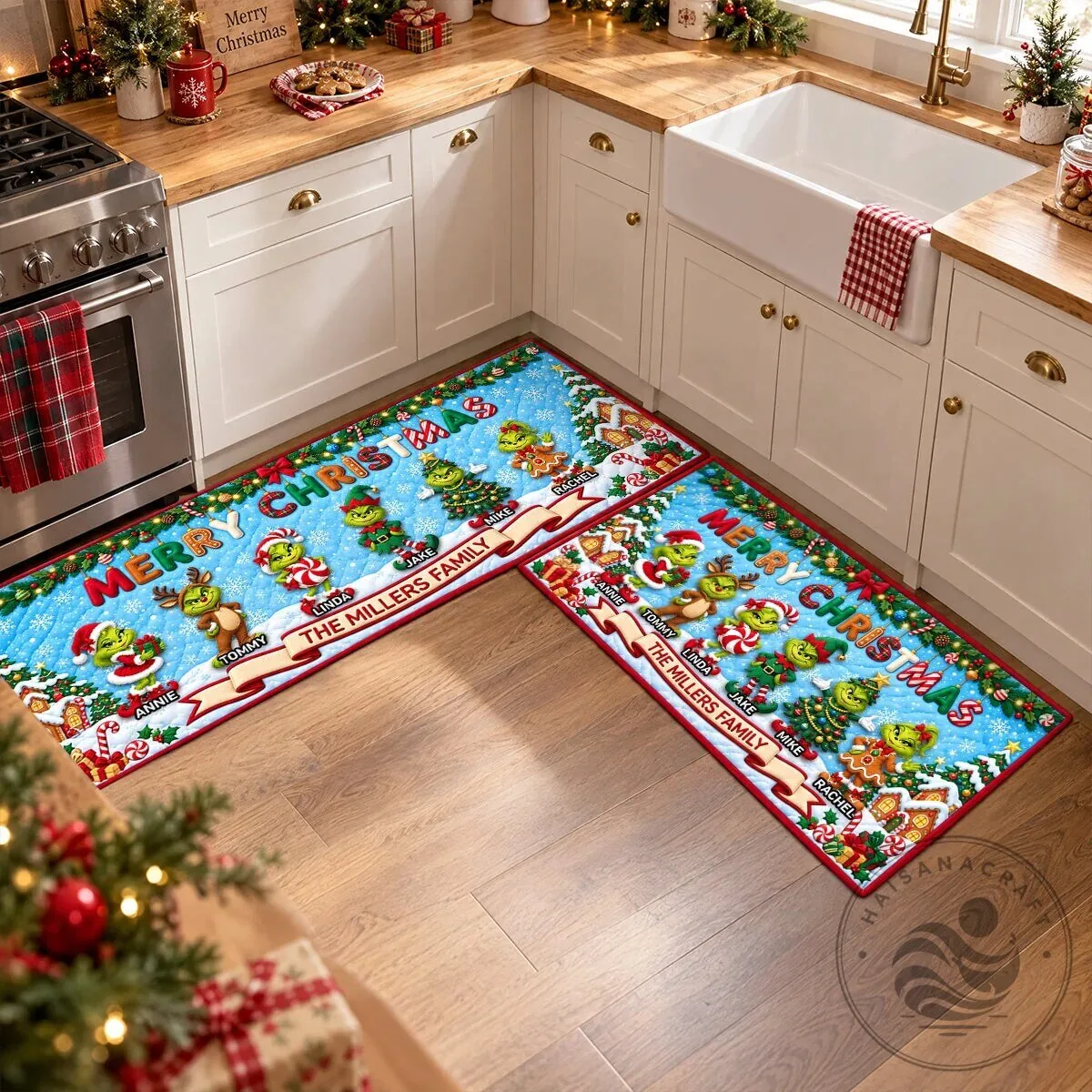Personalized Grinch Merry Christmas Kitchen Floor Mat Set