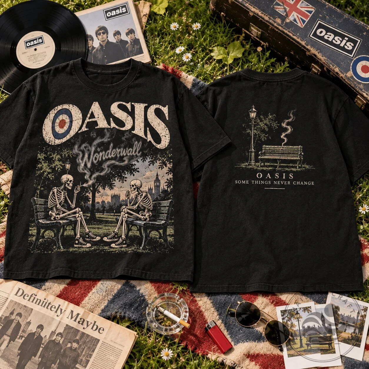 Oasis Wonderwall Skeleton Park Music Band Black T-Shirt