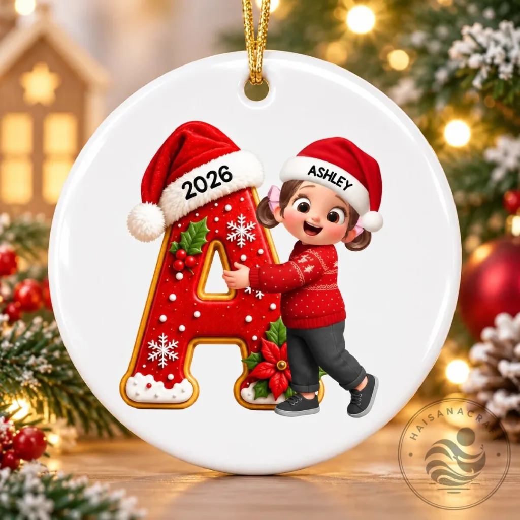 Personalized Christmas Initial Letter A Ornament with Cute Girl and Santa Hat Personalized Christmas Initial Letter A Ornament with Cute Girl and Santa Hat