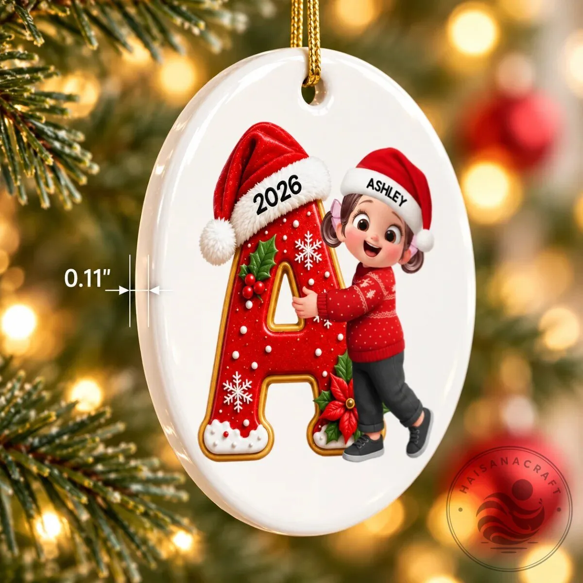 Personalized Christmas Initial Letter A Ornament with Cute Girl and Santa Hat 13 Personalized Christmas Initial Letter A Ornament with Cute Girl and Santa Hat