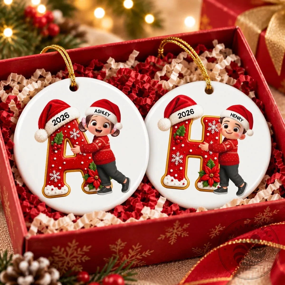 Personalized Christmas Initial Letter A Ornament with Cute Girl and Santa Hat 16 Personalized Christmas Initial Letter A Ornament with Cute Girl and Santa Hat