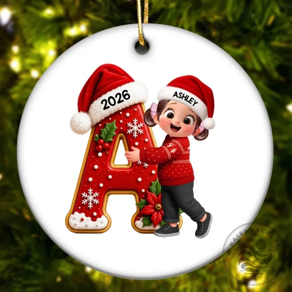 Personalized Christmas Initial Letter A Ornament with Cute Girl and Santa Hat 19 Personalized Christmas Initial Letter A Ornament with Cute Girl and Santa Hat