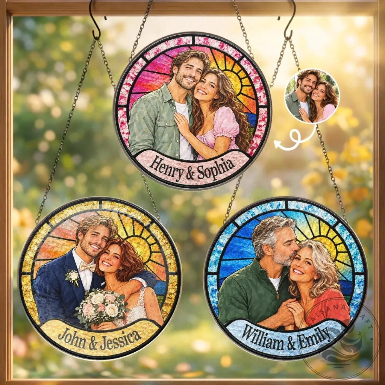 Personalized Couple Portrait Stained Glass Window Hanging Suncatcher