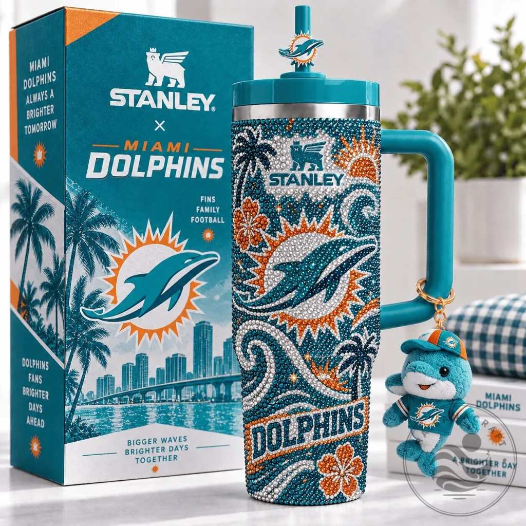 Miami Dolphins Stanley Tumbler with Handle and Straw, 40oz Rhinestone Design