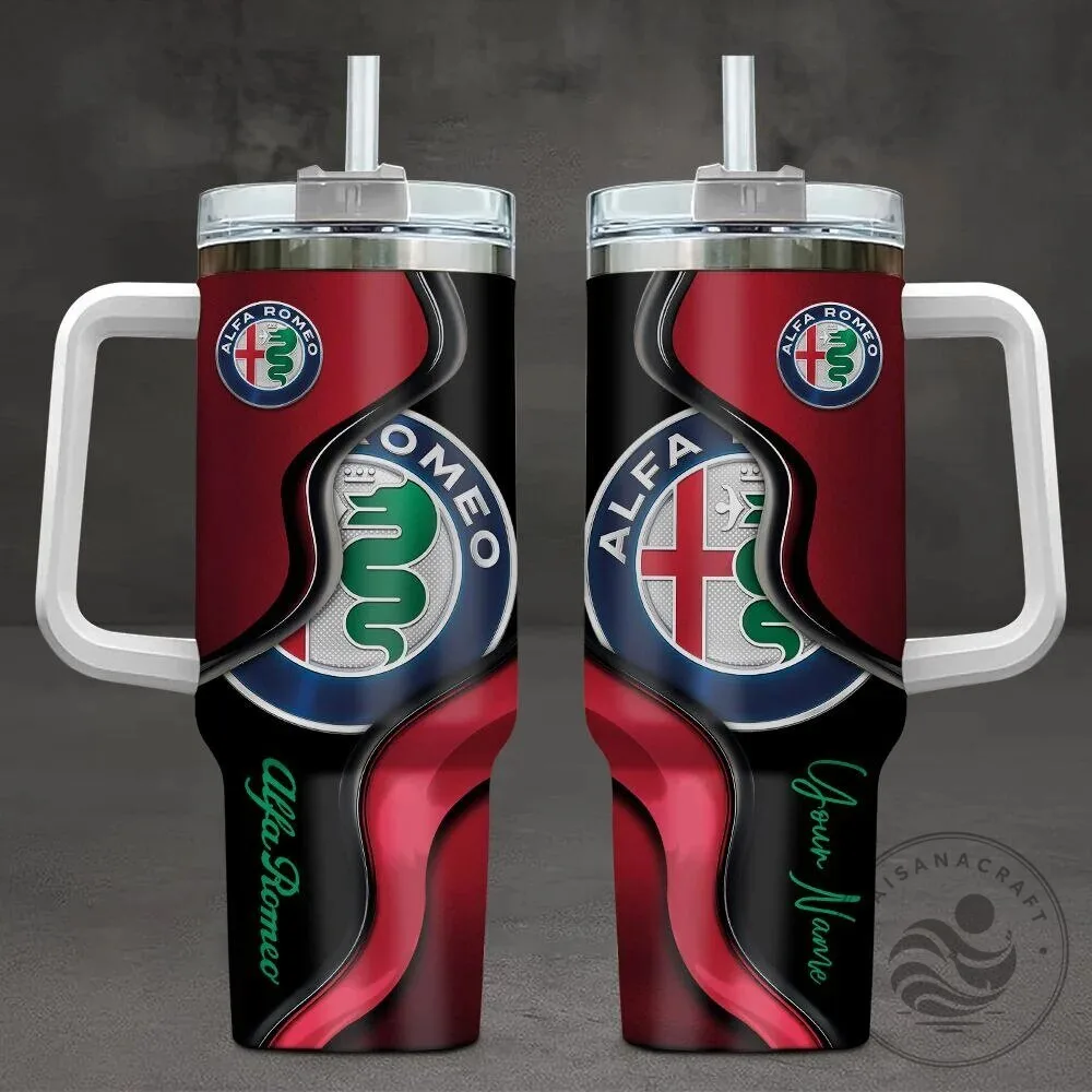 Alfa Romeo Custom Name Car Logo Red and Black Insulated Travel Tumbler