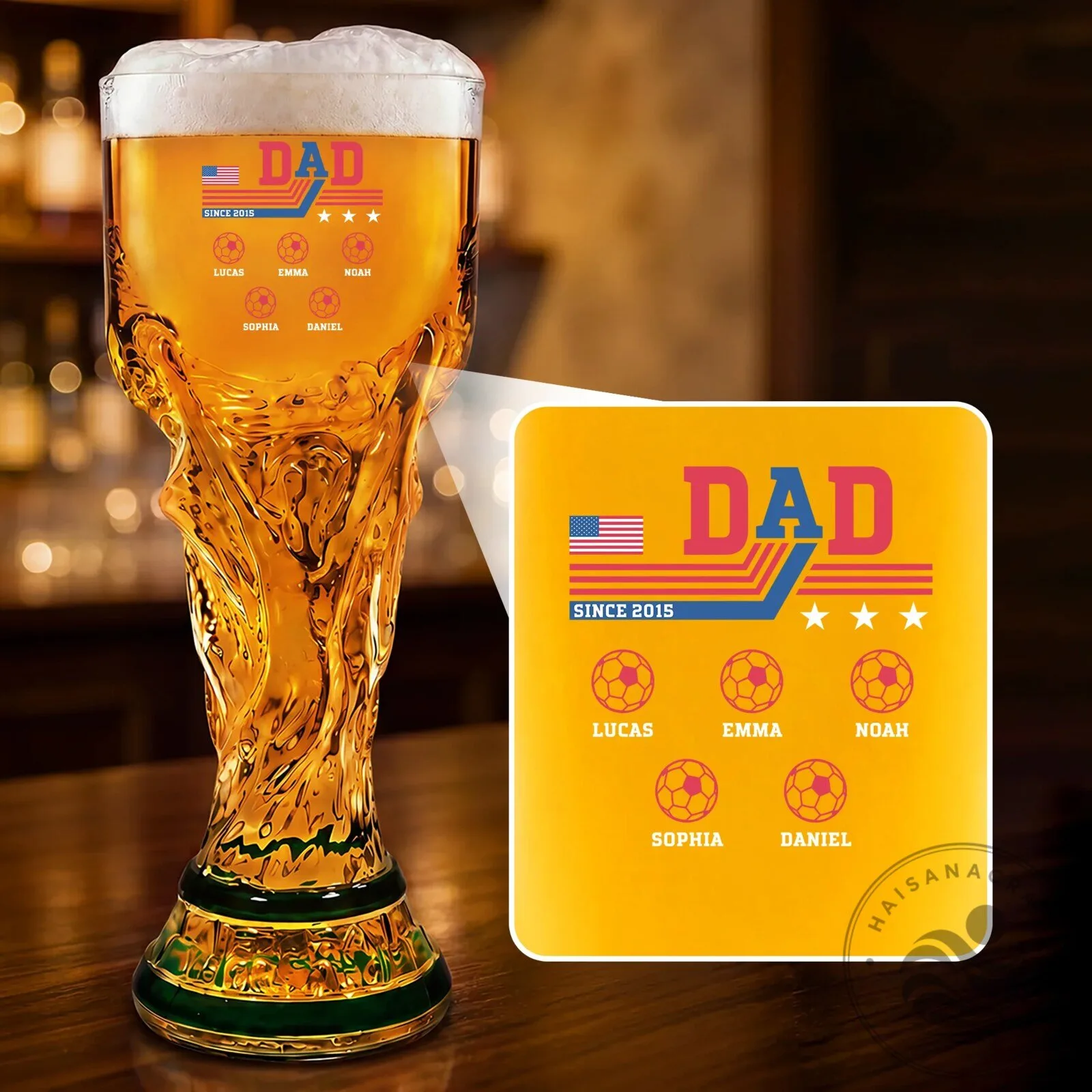 Personalized Soccer Dad Trophy Beer Glass with Kids Names for Father's Day