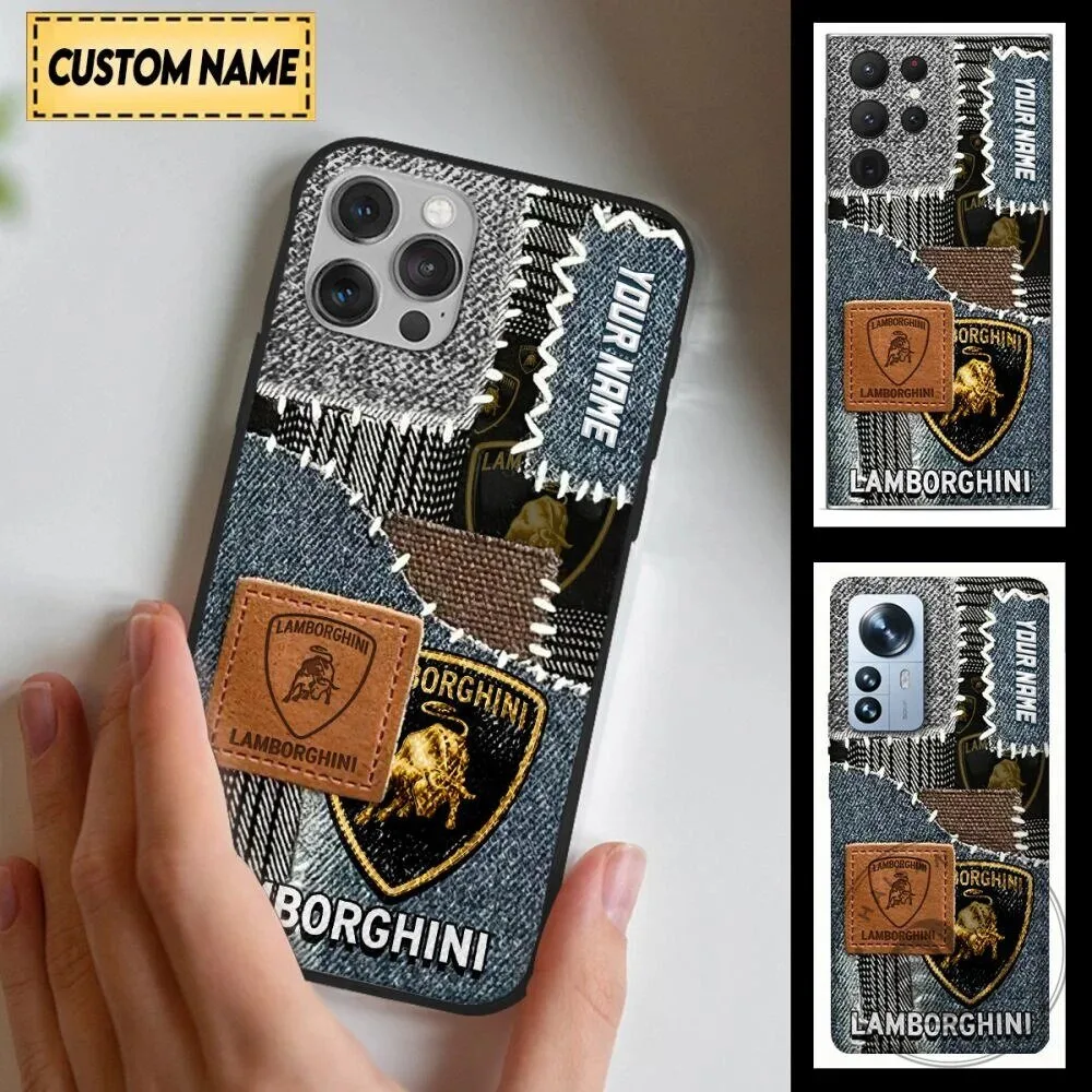 Lamborghini Denim Patchwork Custom Name Phone Case for iPhone and Samsung