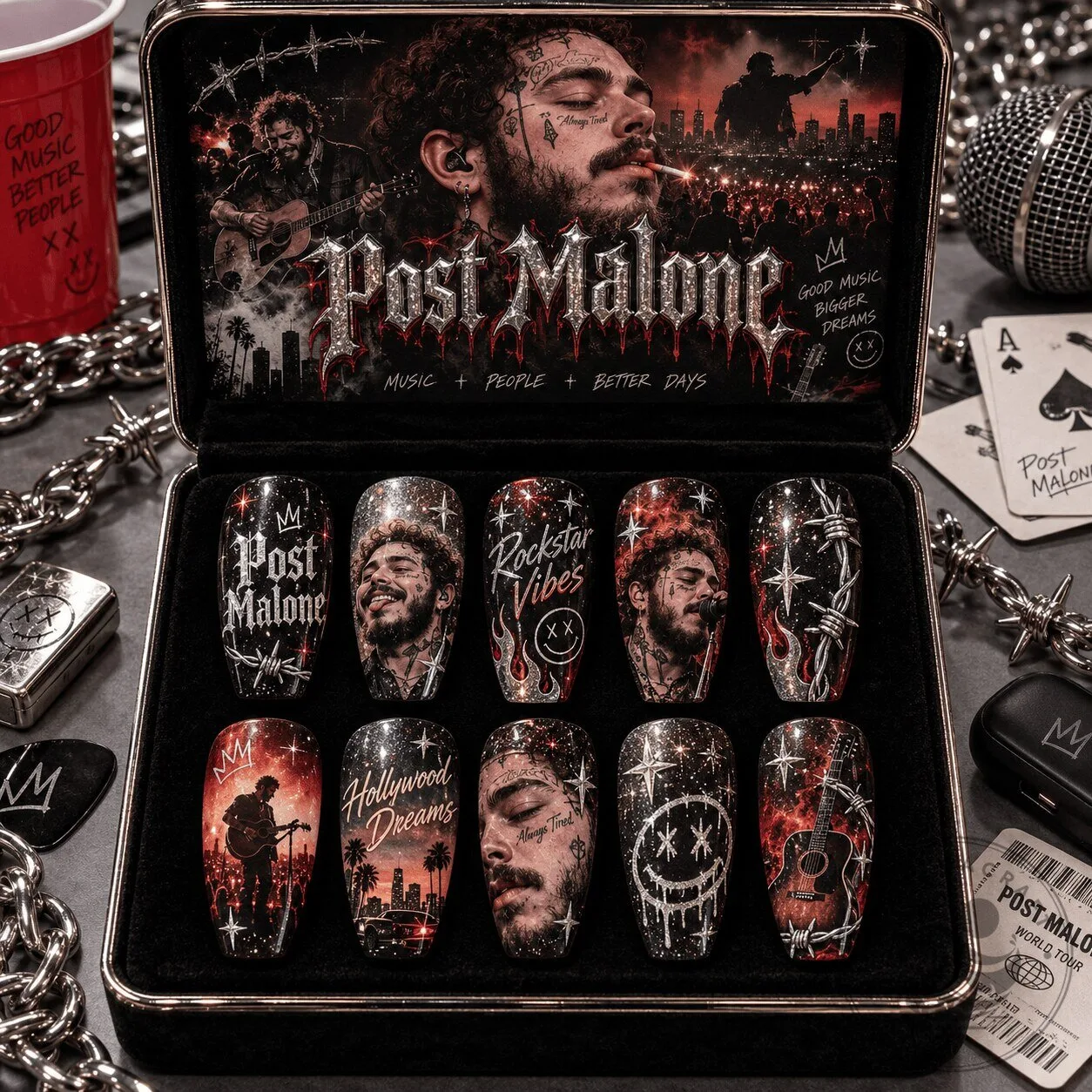 Post Malone Dark Rose Portrait Press-On Nails for Hip-Hop Fans
