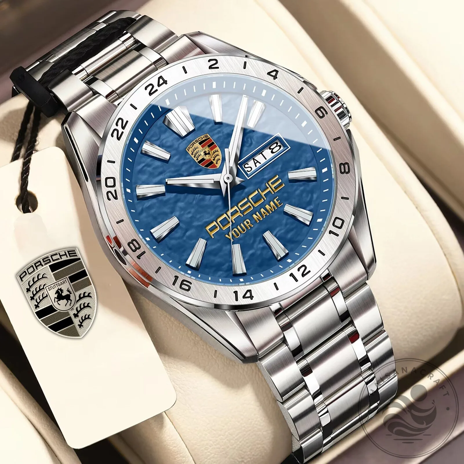 Porsche Custom Name Blue Dial Stainless Steel Men's Watch