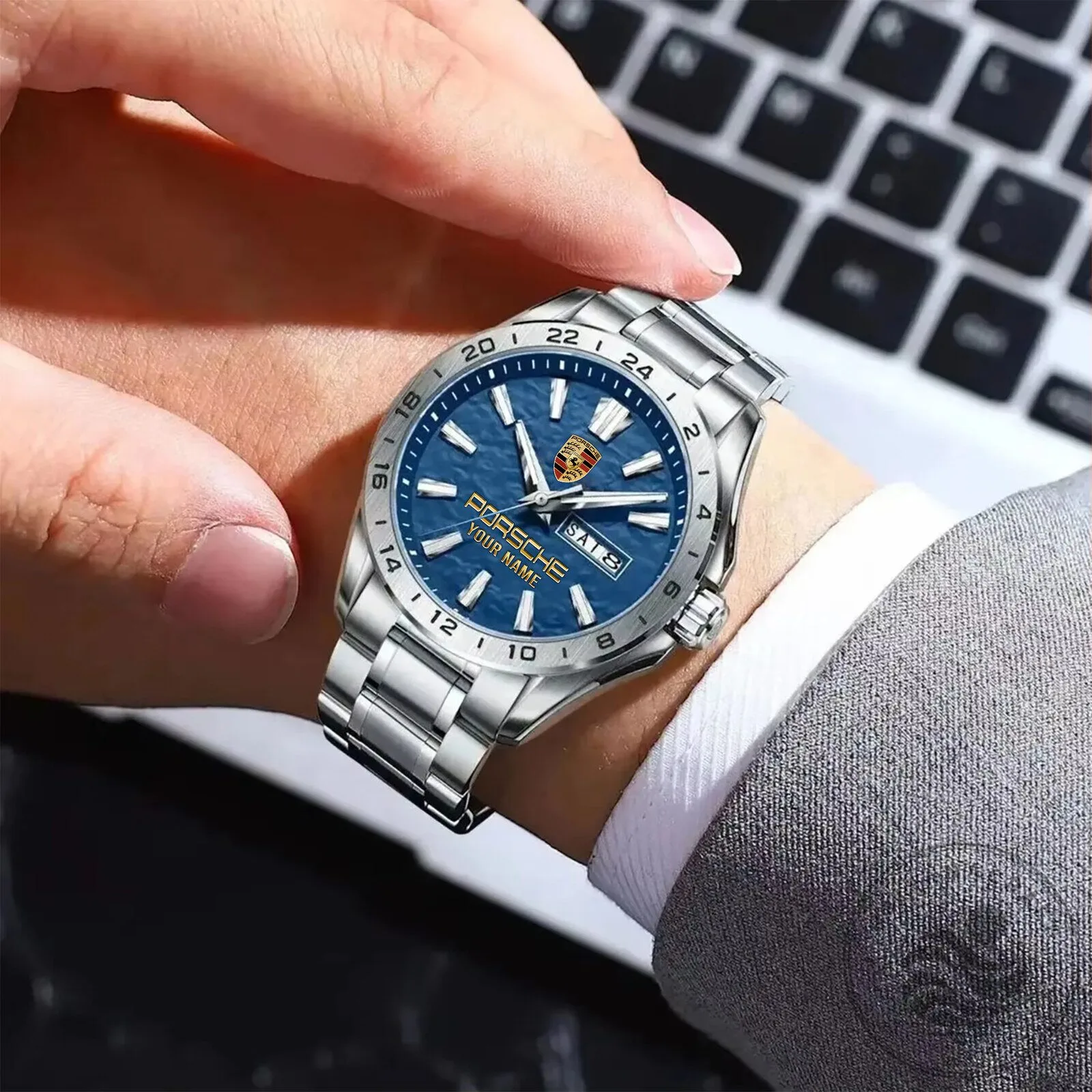 Porsche Custom Name Blue Dial Stainless Steel Men's Watch 14 Porsche Custom Name Blue Dial Stainless Steel Men