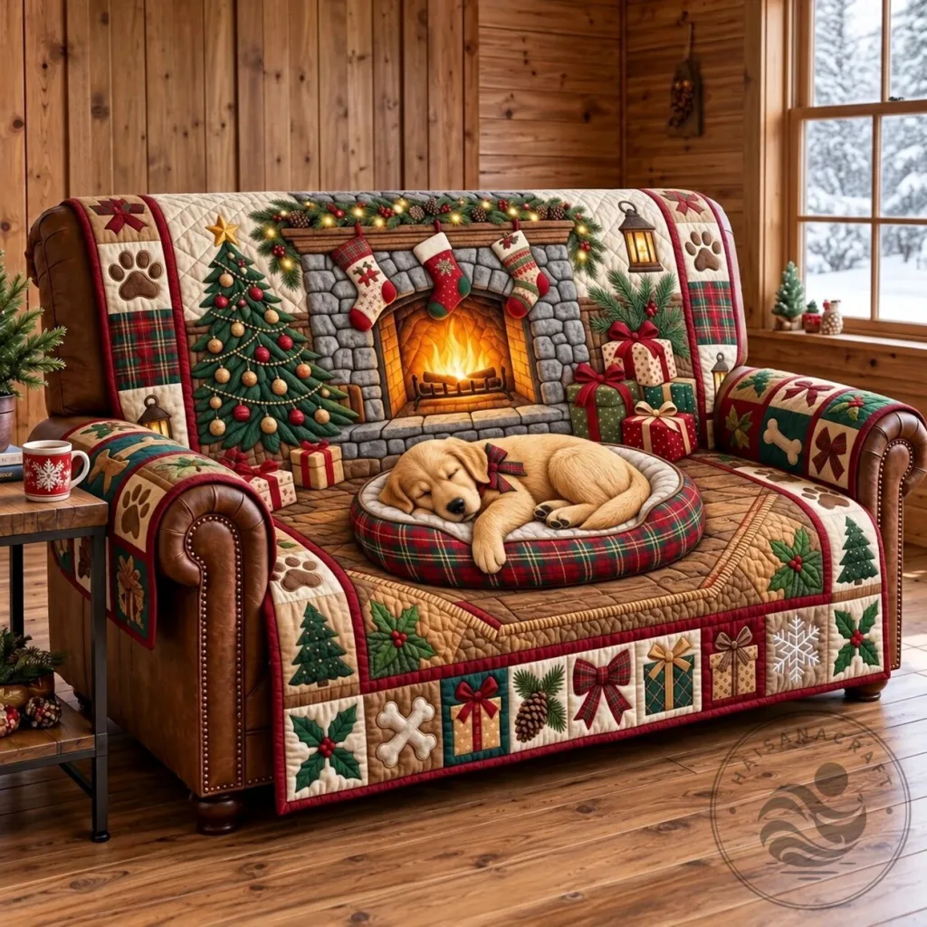 Christmas Golden Retriever Puppy Quilted Sofa Cover Christmas Golden Retriever Puppy Quilted Sofa Cover