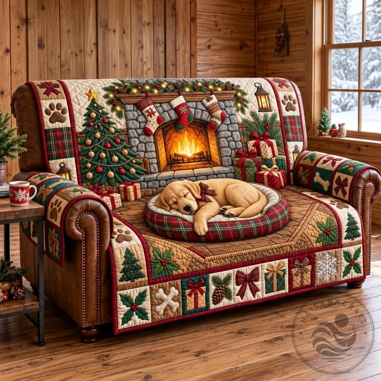Christmas Golden Retriever Puppy Quilted Sofa Cover