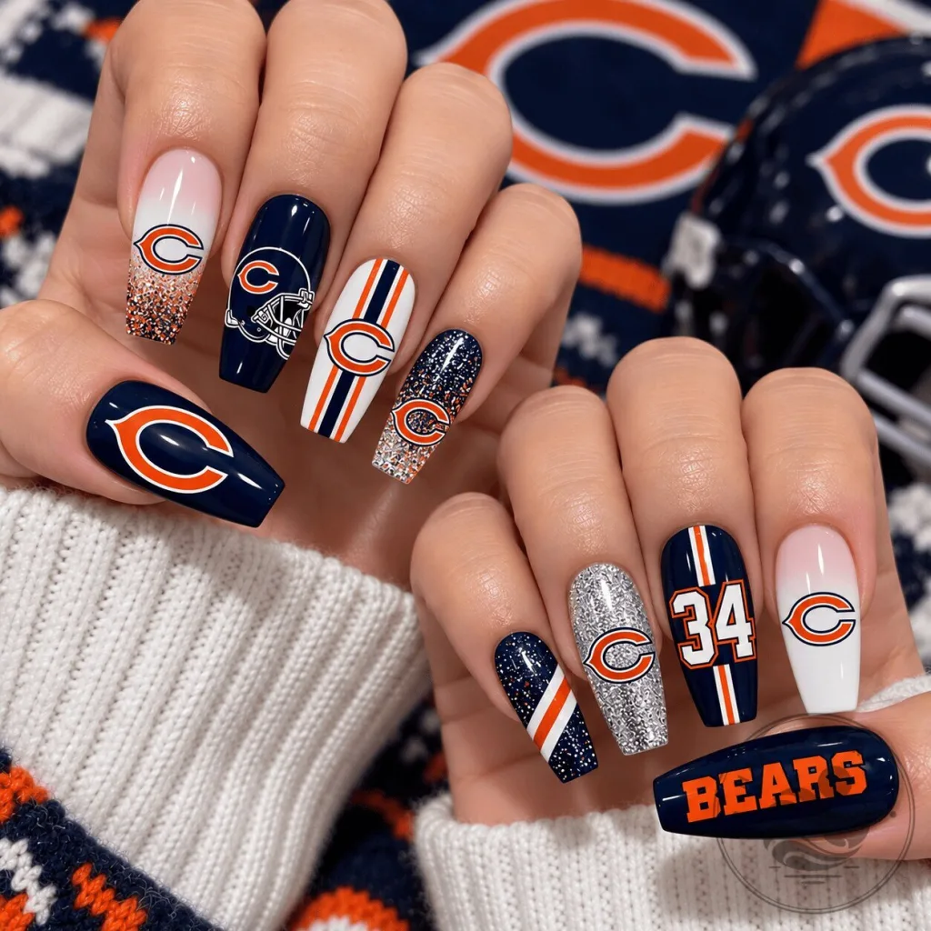Chicago Bears NFL Football Team Glitter Press On Nails Set Chicago Bears NFL Football Team Glitter Press On Nails Set