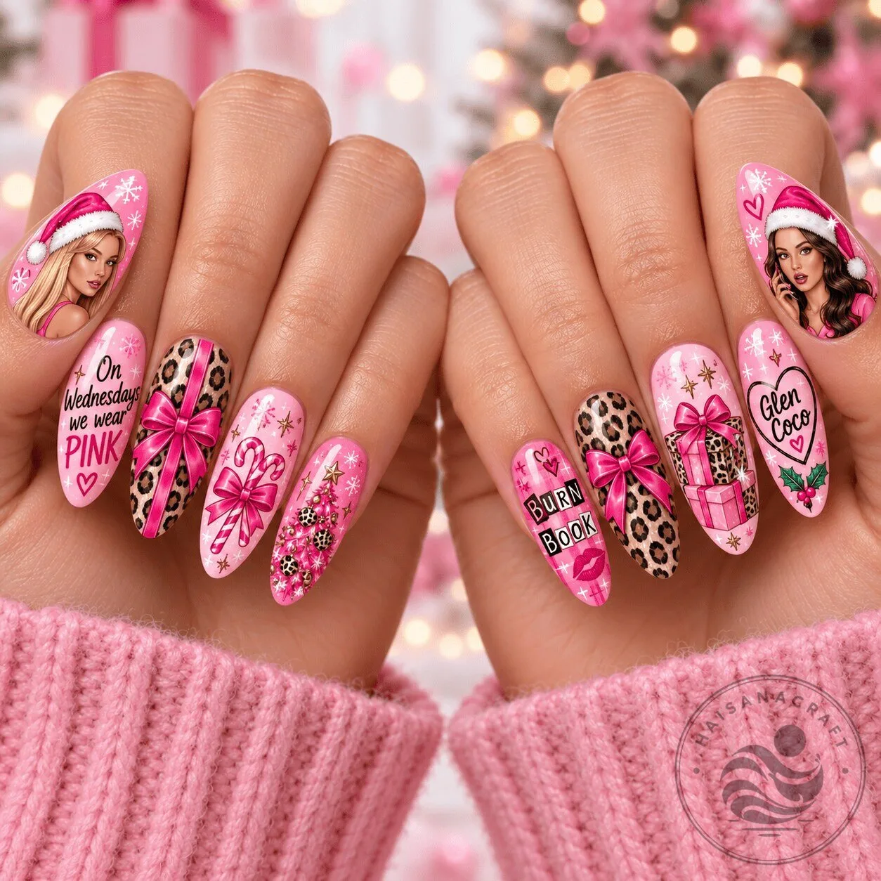 Mean Girls Christmas Holiday Pink Leopard Print Press On Nails Set