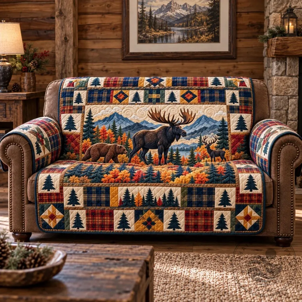 Rustic Forest Patchwork Moose Bear Deer Mountain Landscape Quilted Sofa Cover Rustic Forest Patchwork Moose Bear Deer Mountain Landscape Quilted Sofa Cover