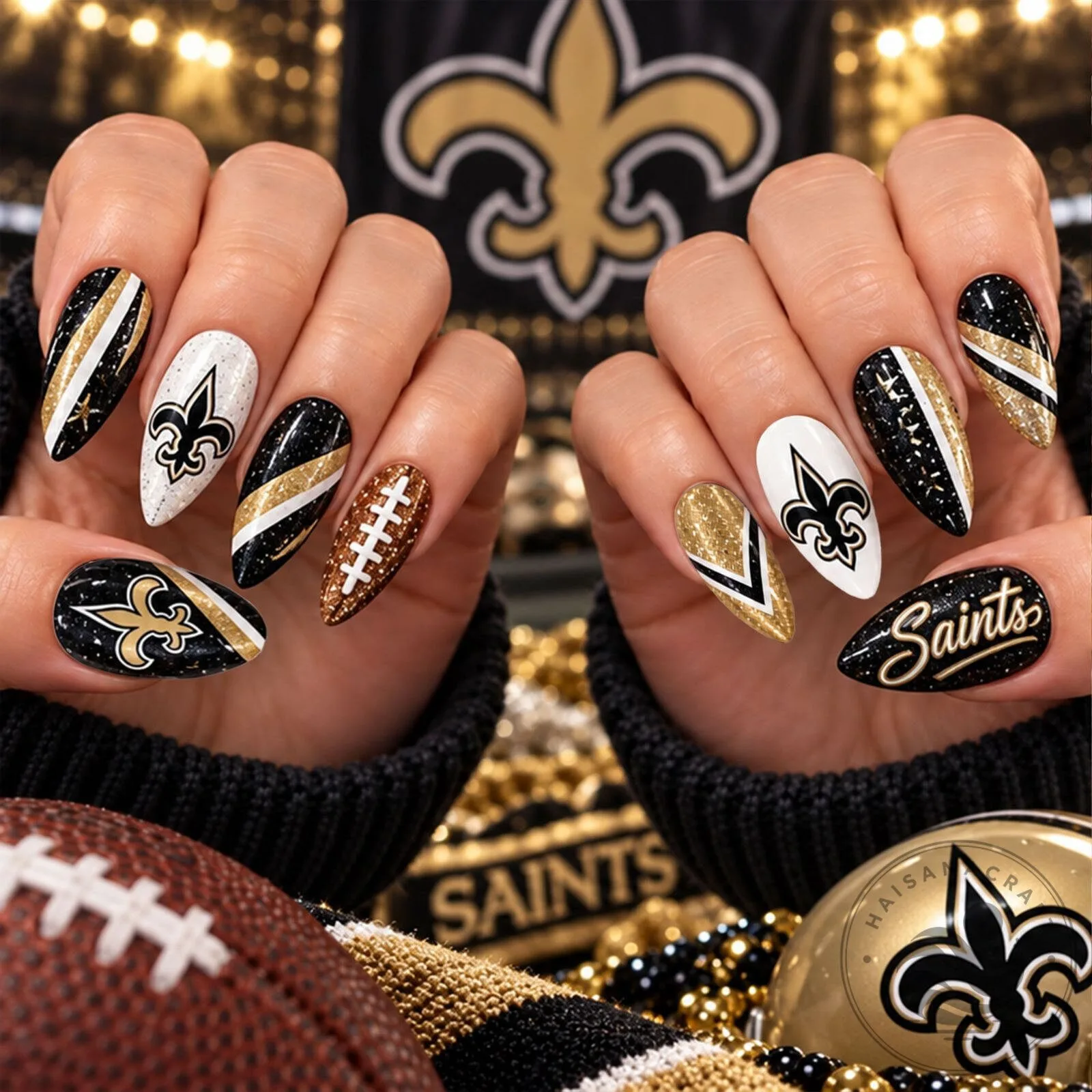 New Orleans Saints Football Team Sparkle Game Day Press-On Nails