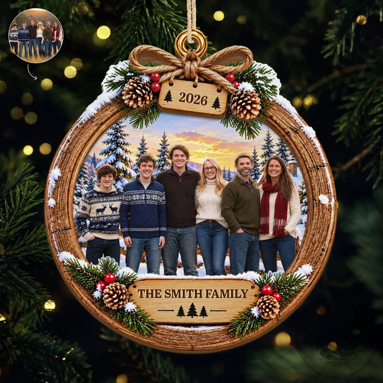 Personalized Family Photo Christmas Ornament with Winter Scene and Custom Year
