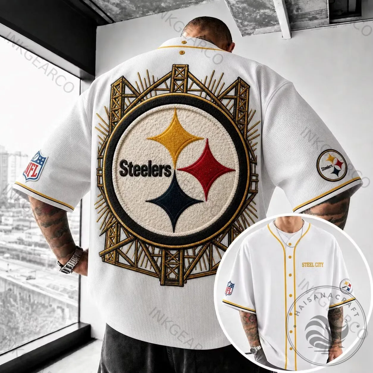 Pittsburgh Steelers NFL Baseball Jersey with Embroidered Logo and Steel City Text