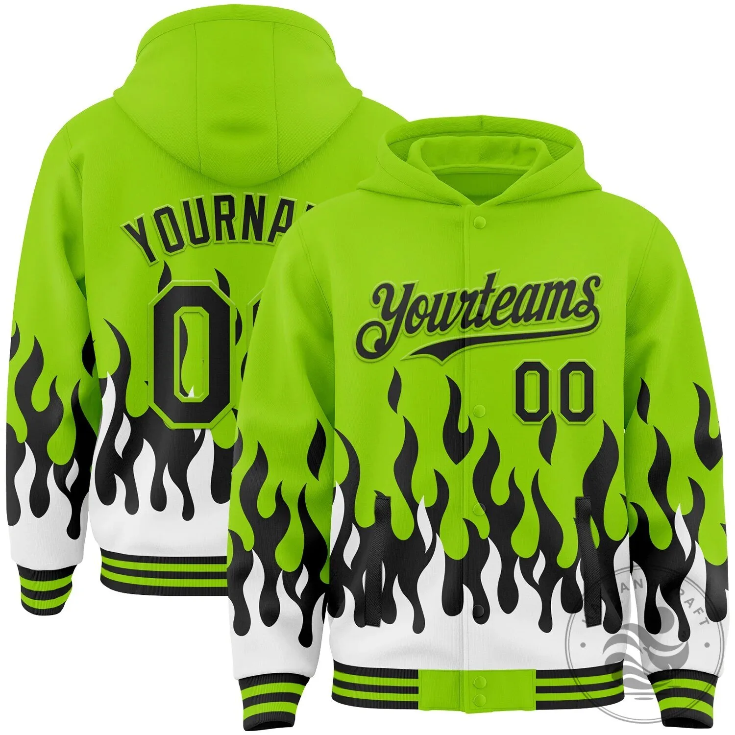 Custom Neon Green Black White Fire Flame Full-Snap Varsity Hoodie Jacket
