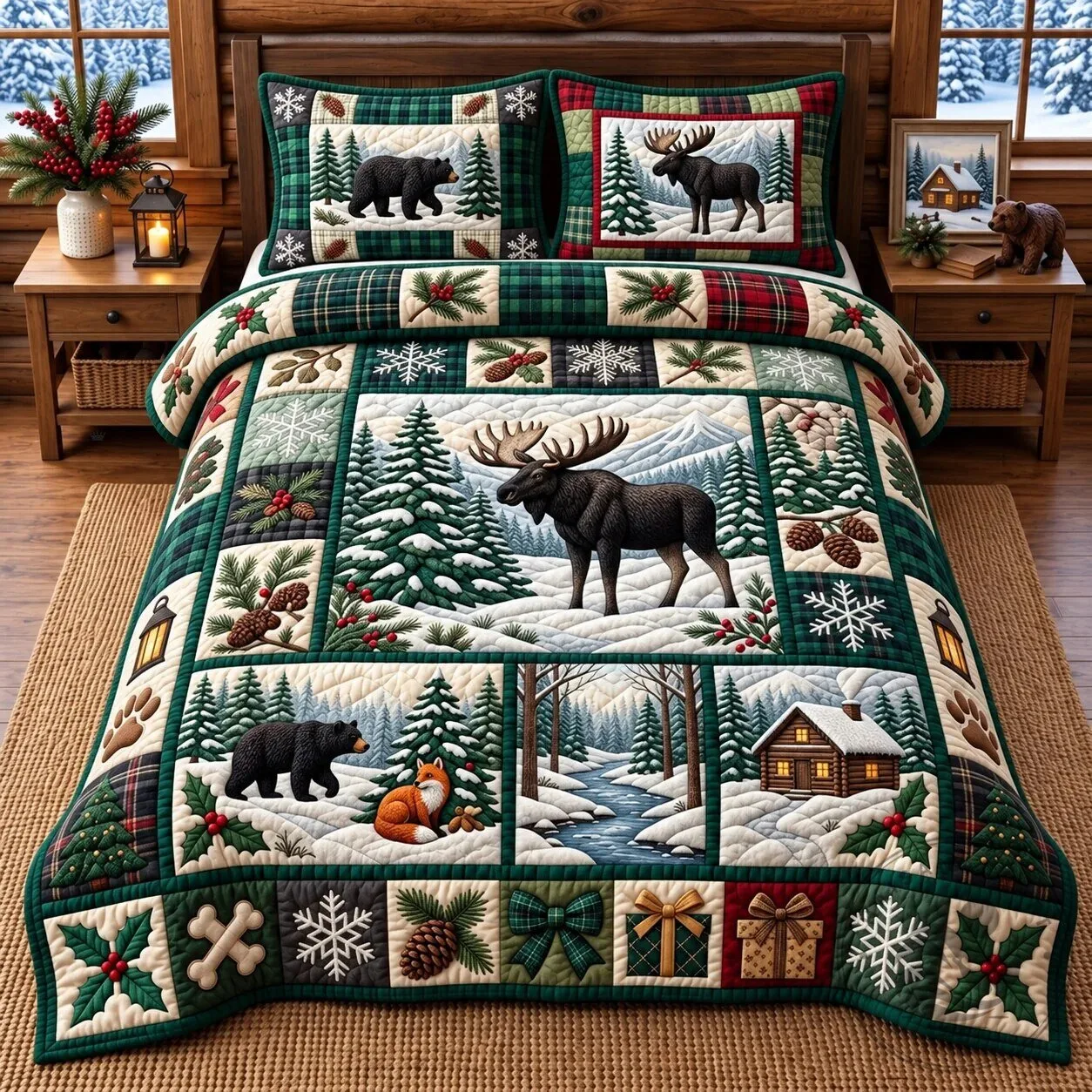 Winter Wildlife Patchwork Quilted Bedding Set