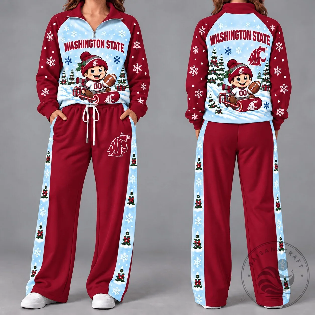 Washington State Cougars Christmas Cartoon Mascot Quarter Zip Tracksuit Hoodie