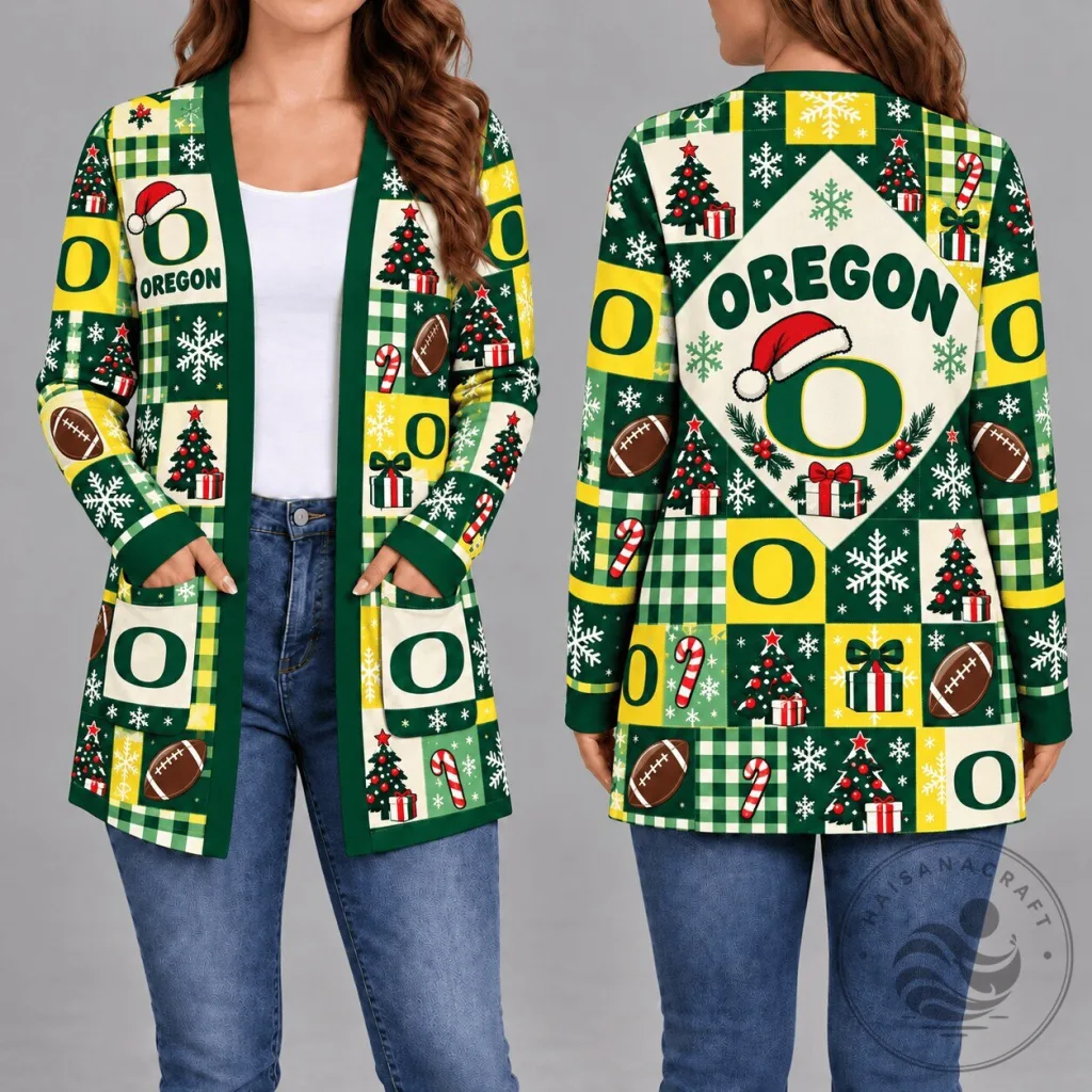 Oregon Ducks Christmas Pattern Women's Long Sleeve Cardigan Sweater Oregon Ducks Christmas Pattern Women's Long Sleeve Cardigan Sweater