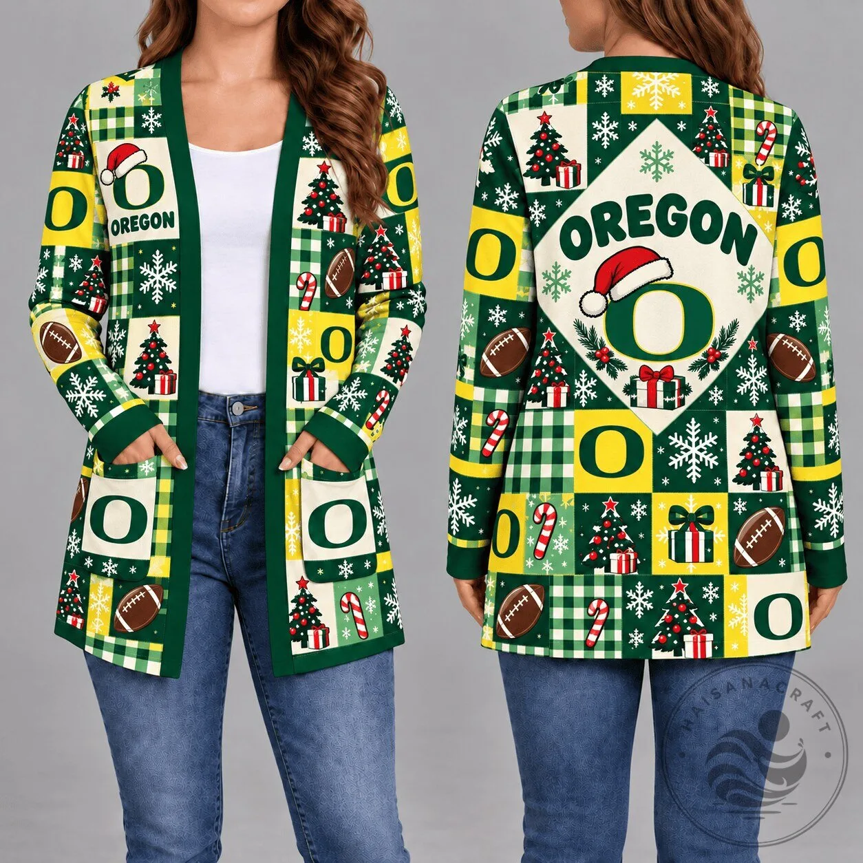 Oregon Ducks Christmas Pattern Women's Long Sleeve Cardigan Sweater