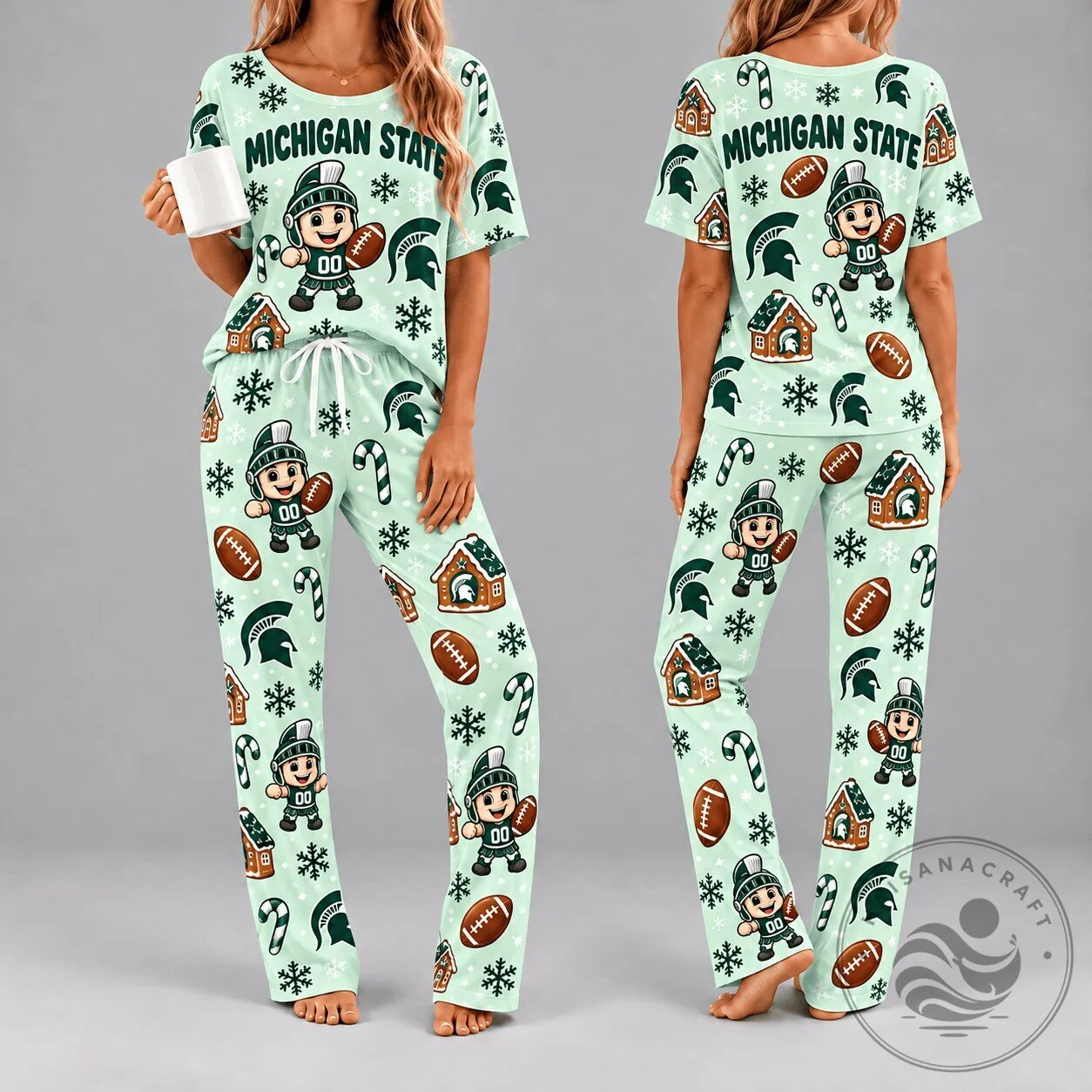 Michigan State Spartans Christmas Holiday Football Team Pajamas Set