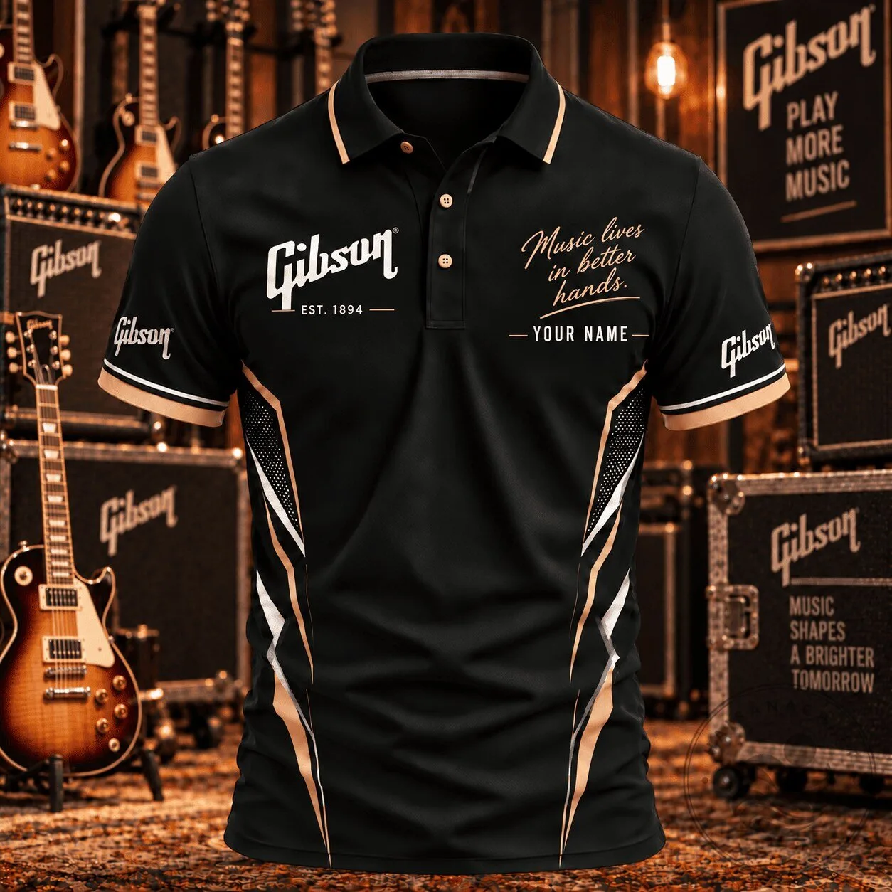 Gibson Guitars Personalized Music Lives in Better Hands Black Polo Shirt