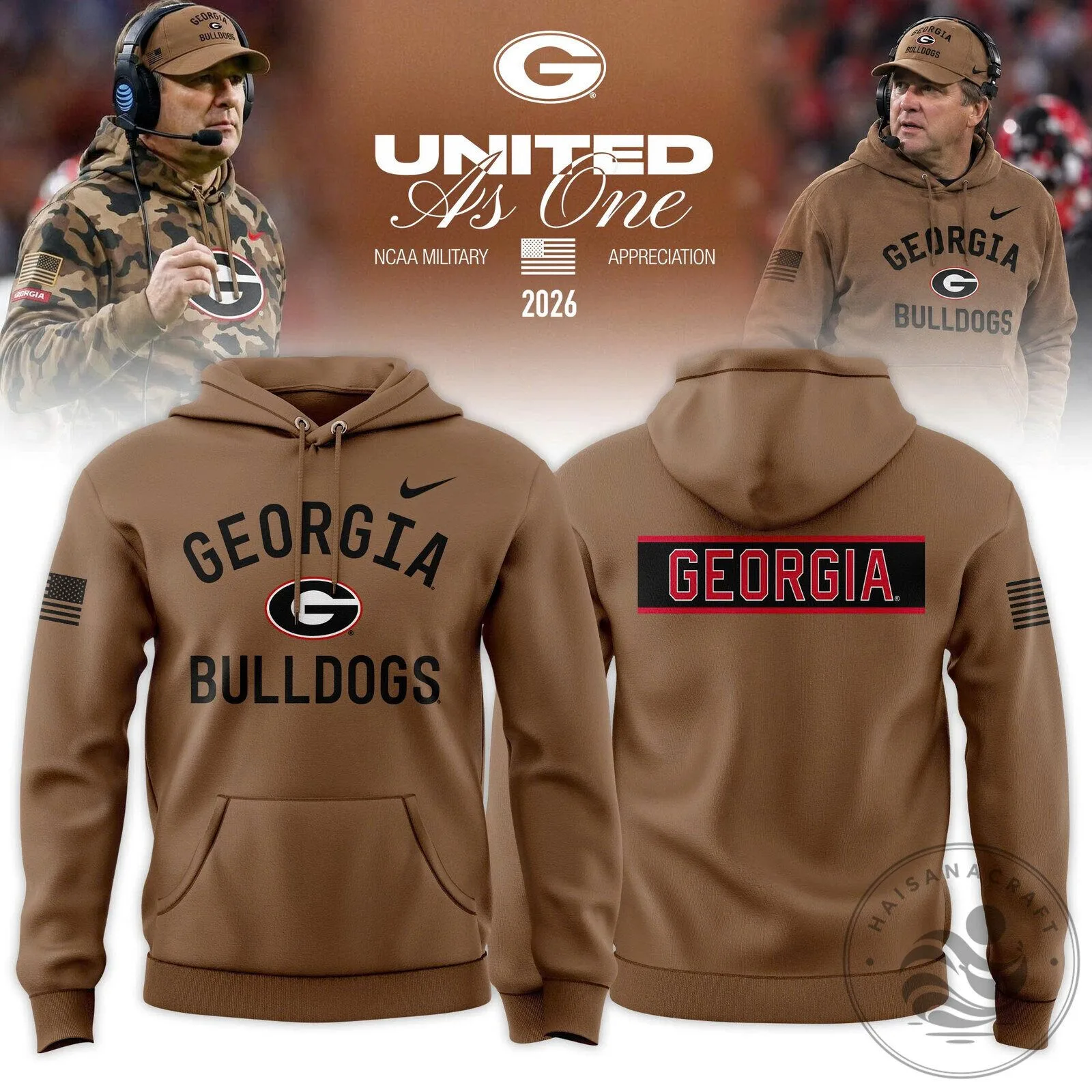 Georgia Bulldogs United As One NCAA Military Appreciation Brown Hoodie