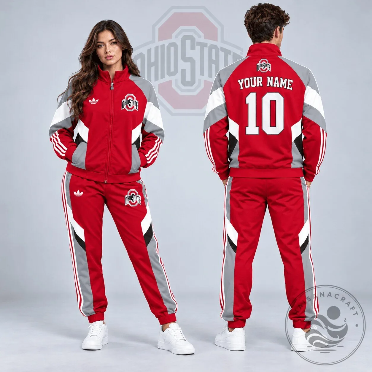 Ohio State Buckeyes Personalized Red and Gray Tracksuit Jacket and Pants Set