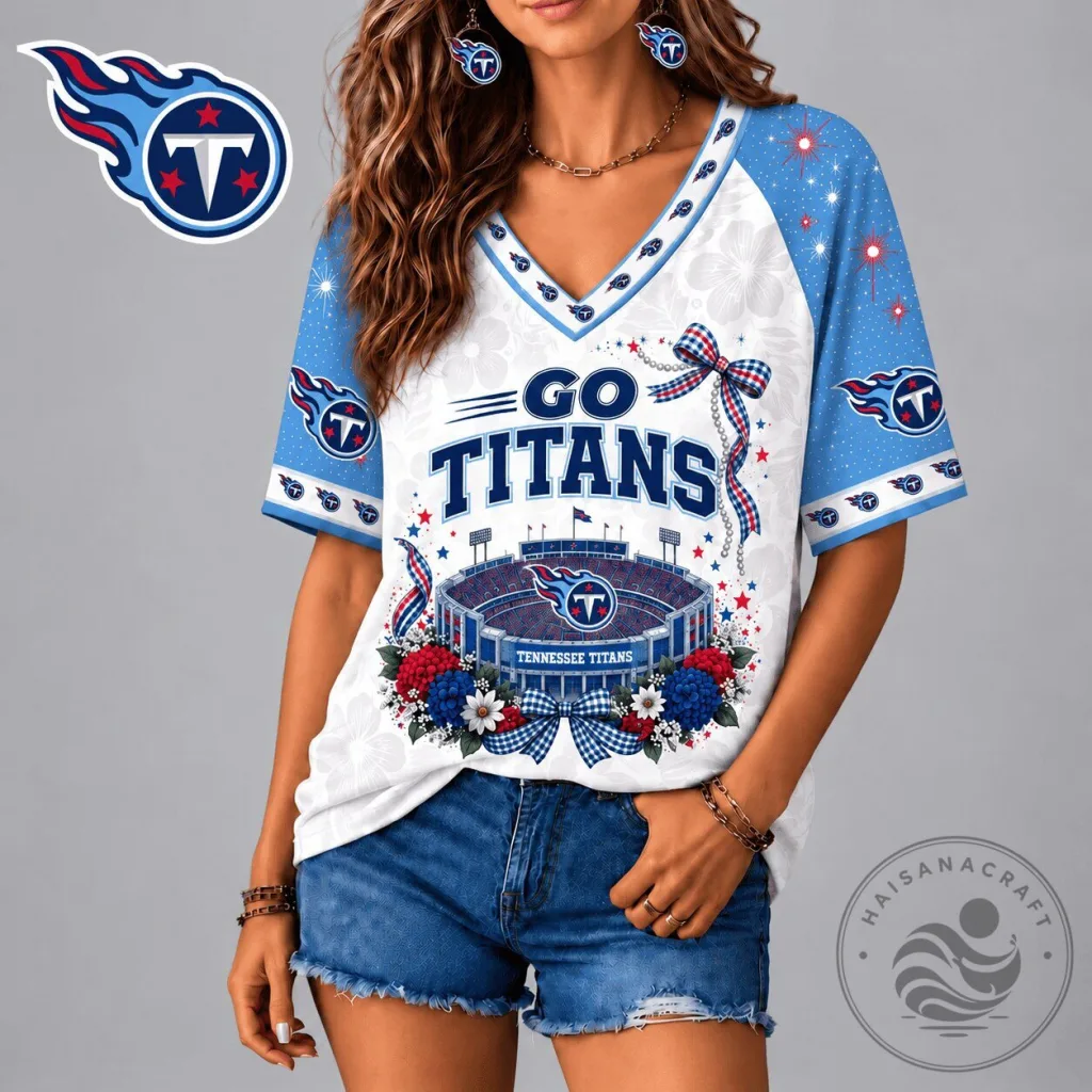 Tennessee Titans Patriotic Floral Bow V-Neck Raglan Sleeve T-Shirt Tennessee Titans Patriotic Floral Bow V-Neck Raglan Sleeve T-Shirt