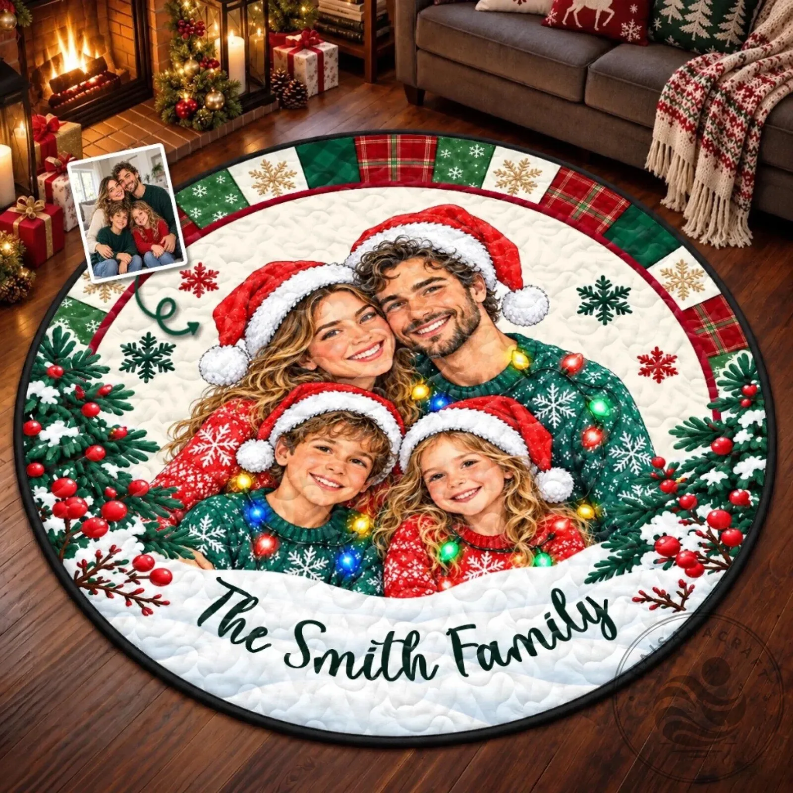 Personalized Family Christmas Portrait Round Floor Mat for Holiday Home Decor