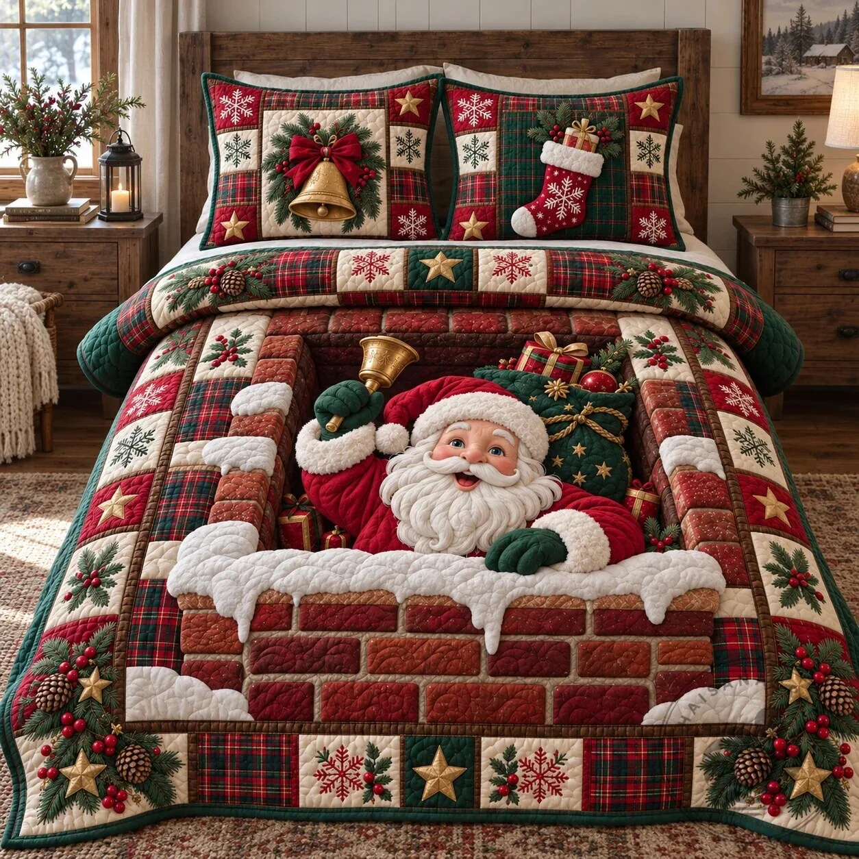 Christmas Santa Claus Chimney Quilted Bedding Set with Pillow Shams