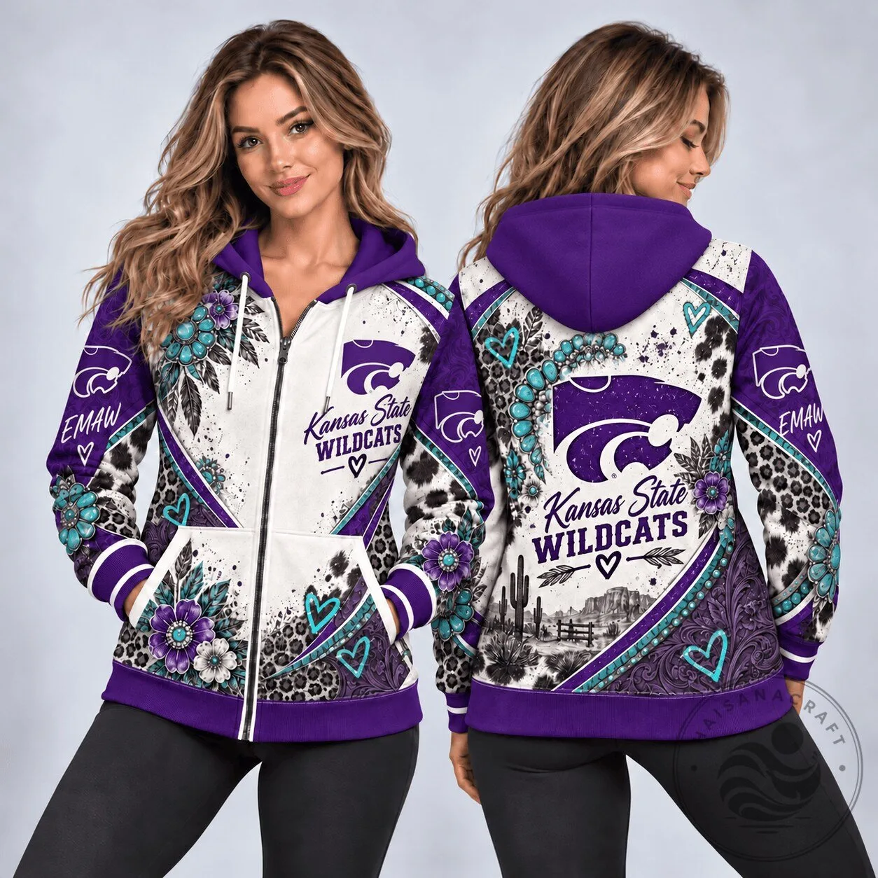 Kansas State Wildcats Western Boho Floral Leopard Print Full-Zip Hoodie