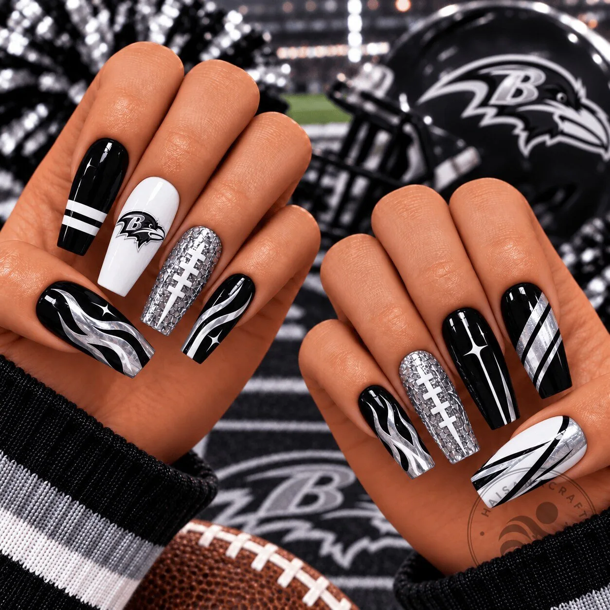 Baltimore Ravens Football Team Black and Silver Chrome Press-On Nails Set