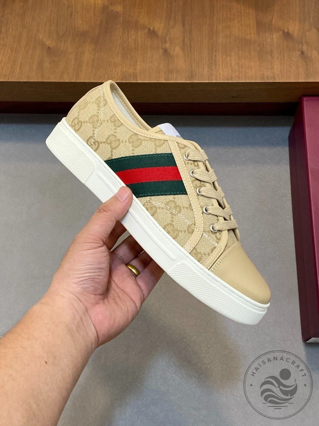 Gucci Beige Canvas Low Top Sneakers with Red and Green Stripe