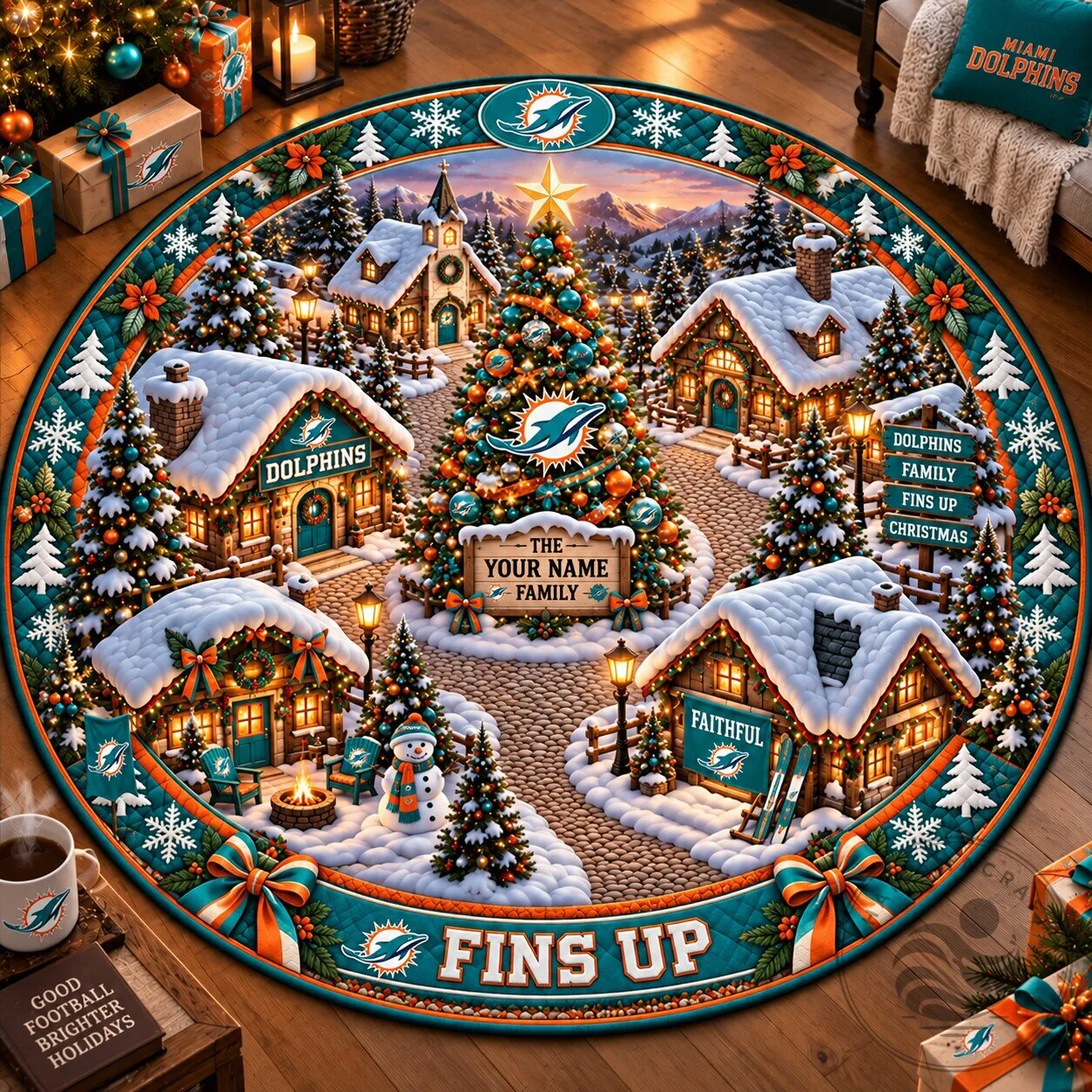Miami Dolphins Christmas Village Personalized Round Rug