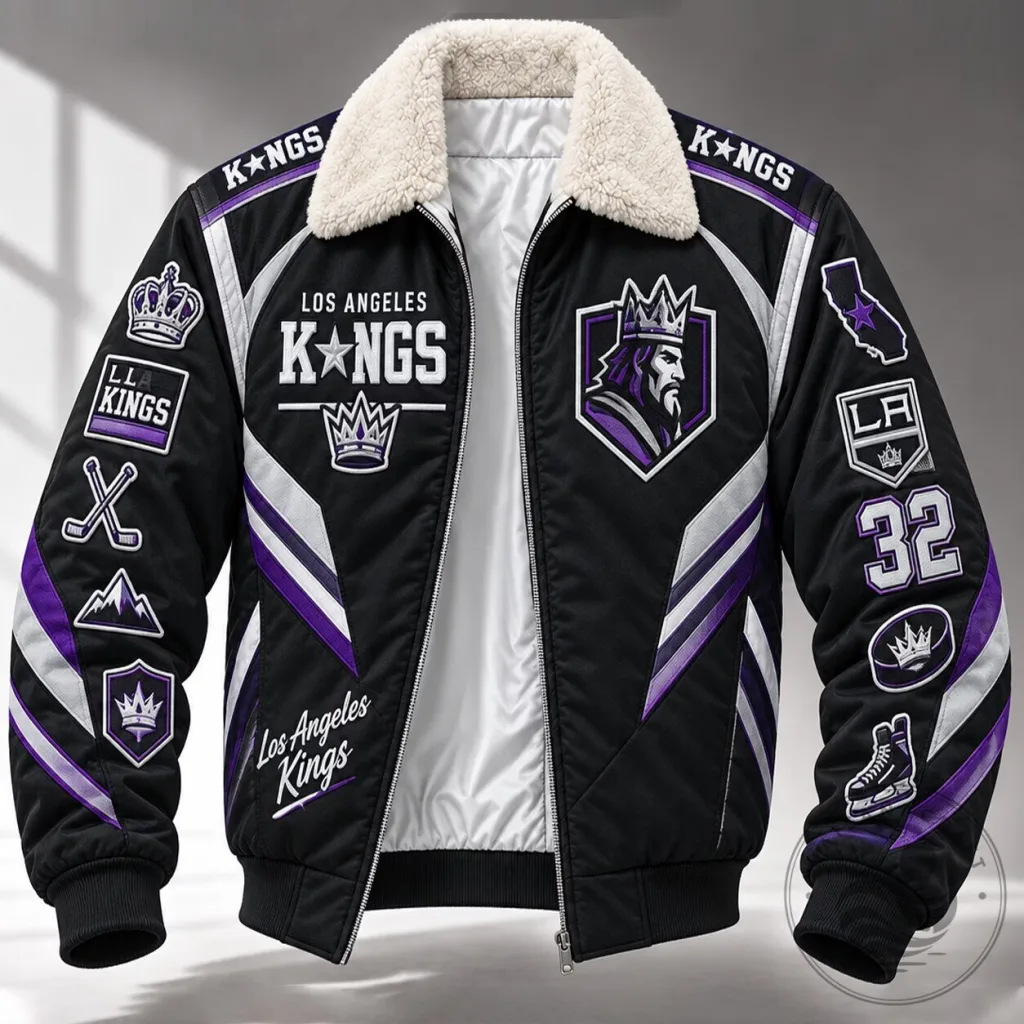 Los Angeles Kings Hockey Team Black Bomber Jacket with Fleece Collar Los Angeles Kings Hockey Team Black Bomber Jacket with Fleece Collar