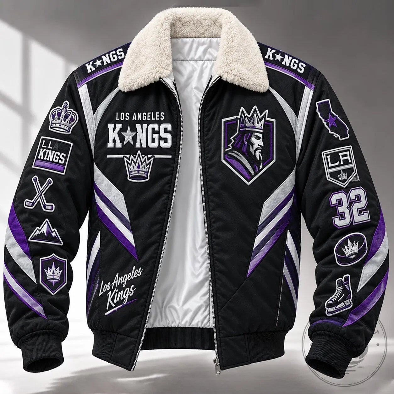 Los Angeles Kings Hockey Team Black Bomber Jacket with Fleece Collar