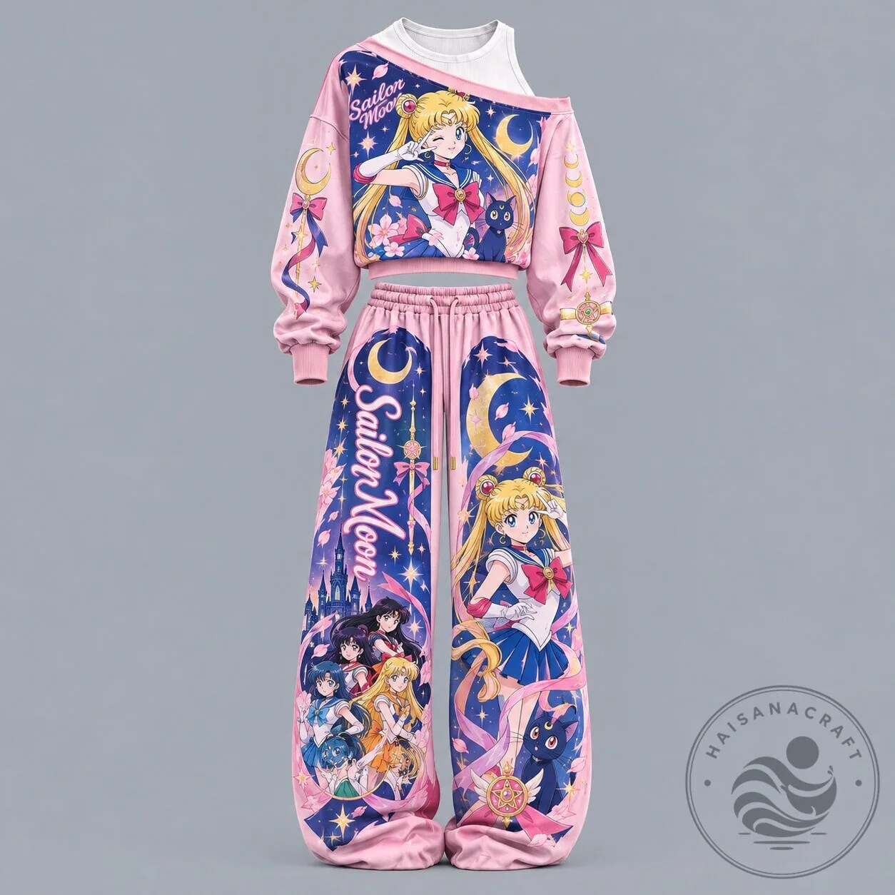 Sailor Moon Anime Character Pink Cropped Sweatshirt and Pants Set for Women