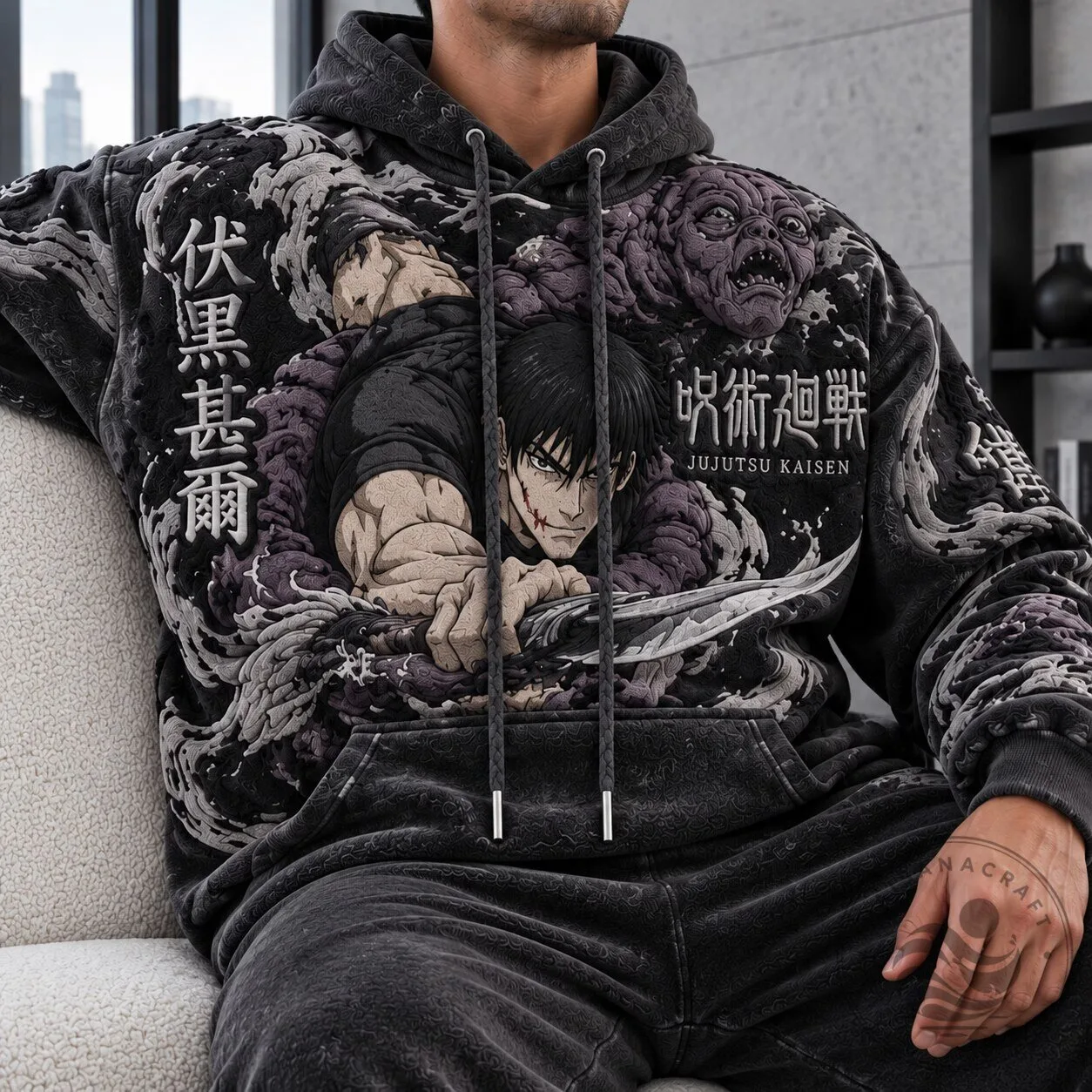 Jujutsu Kaisen Toji Fushiguro Anime Art Washed Black Hoodie