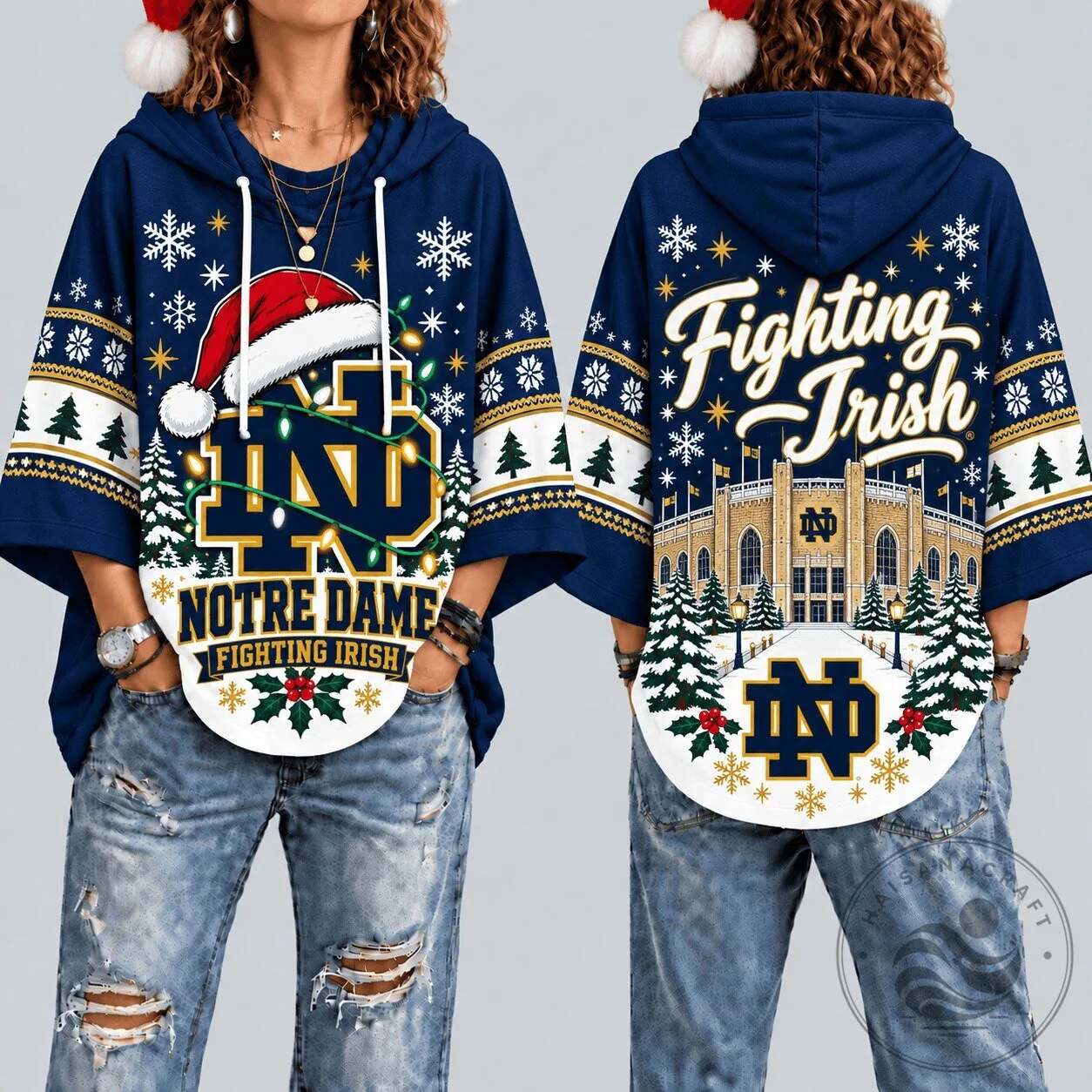 Notre Dame Fighting Irish Christmas Santa Hat Ugly Sweater Style Hoodie