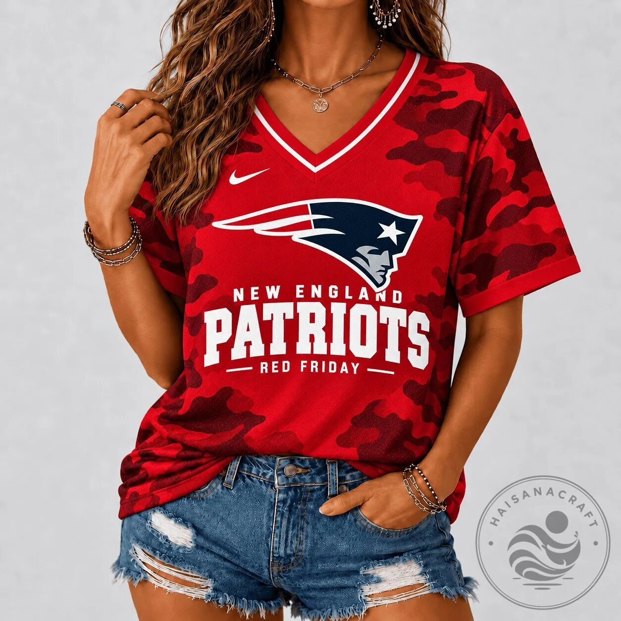 New England Patriots Red Friday Camouflage V-Neck Football T-Shirt