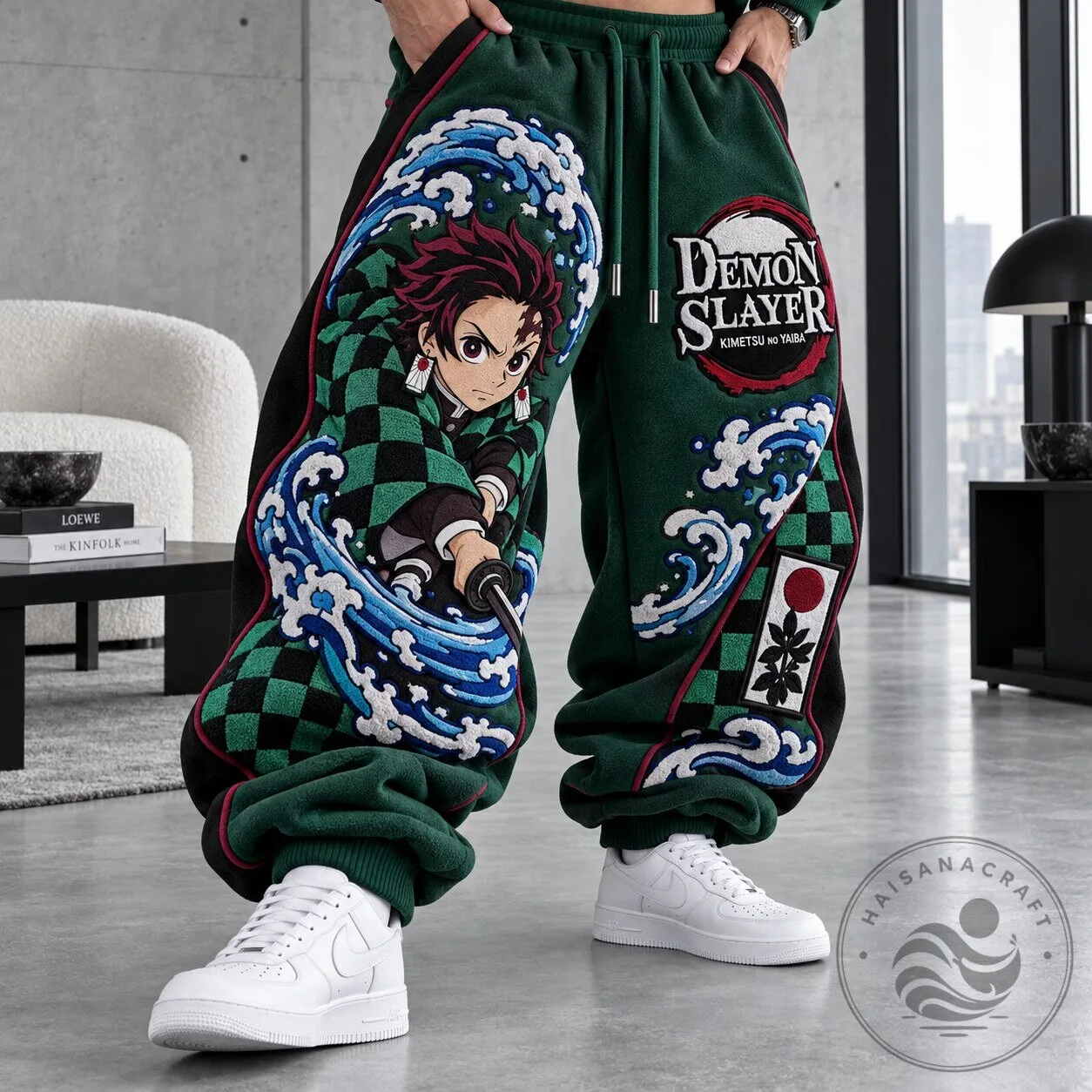 Demon Slayer Tanjiro Kamado Anime Embroidered Fleece Sweatpants