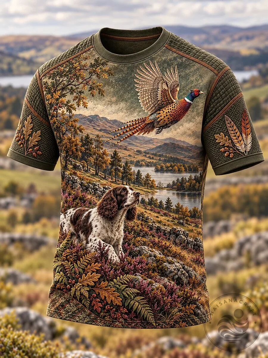 Hunting Dog Pheasant Bird Autumn Landscape T-Shirt