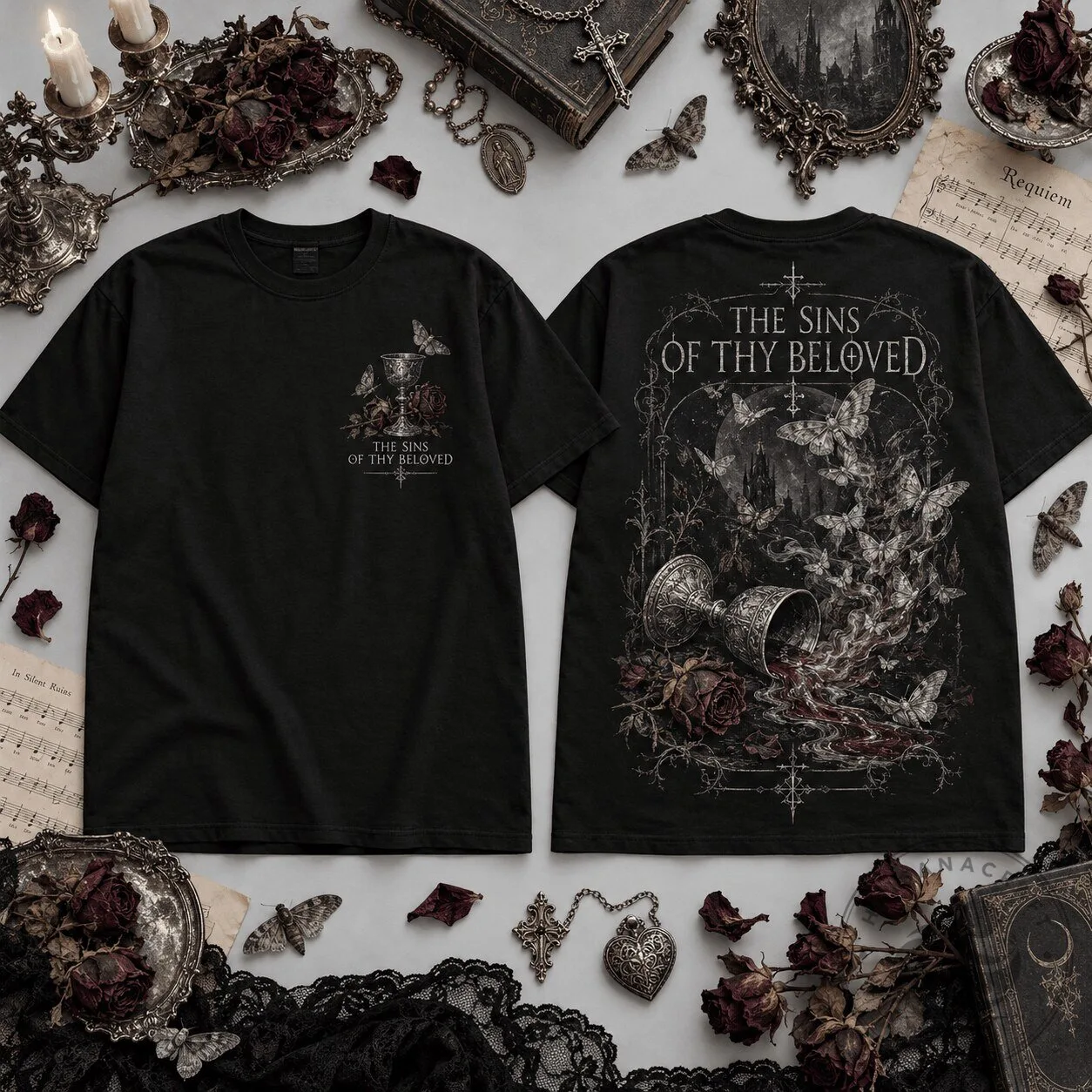 The Sins of Thy Beloved Gothic Chalice and Moths Black T-Shirt