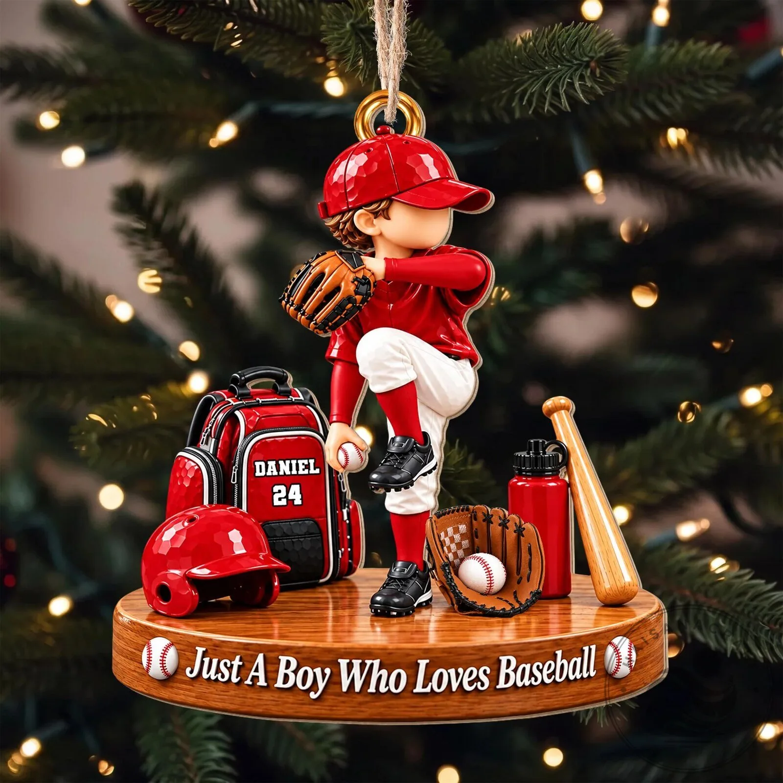 Personalized Baseball Player Boy Christmas Tree Ornament