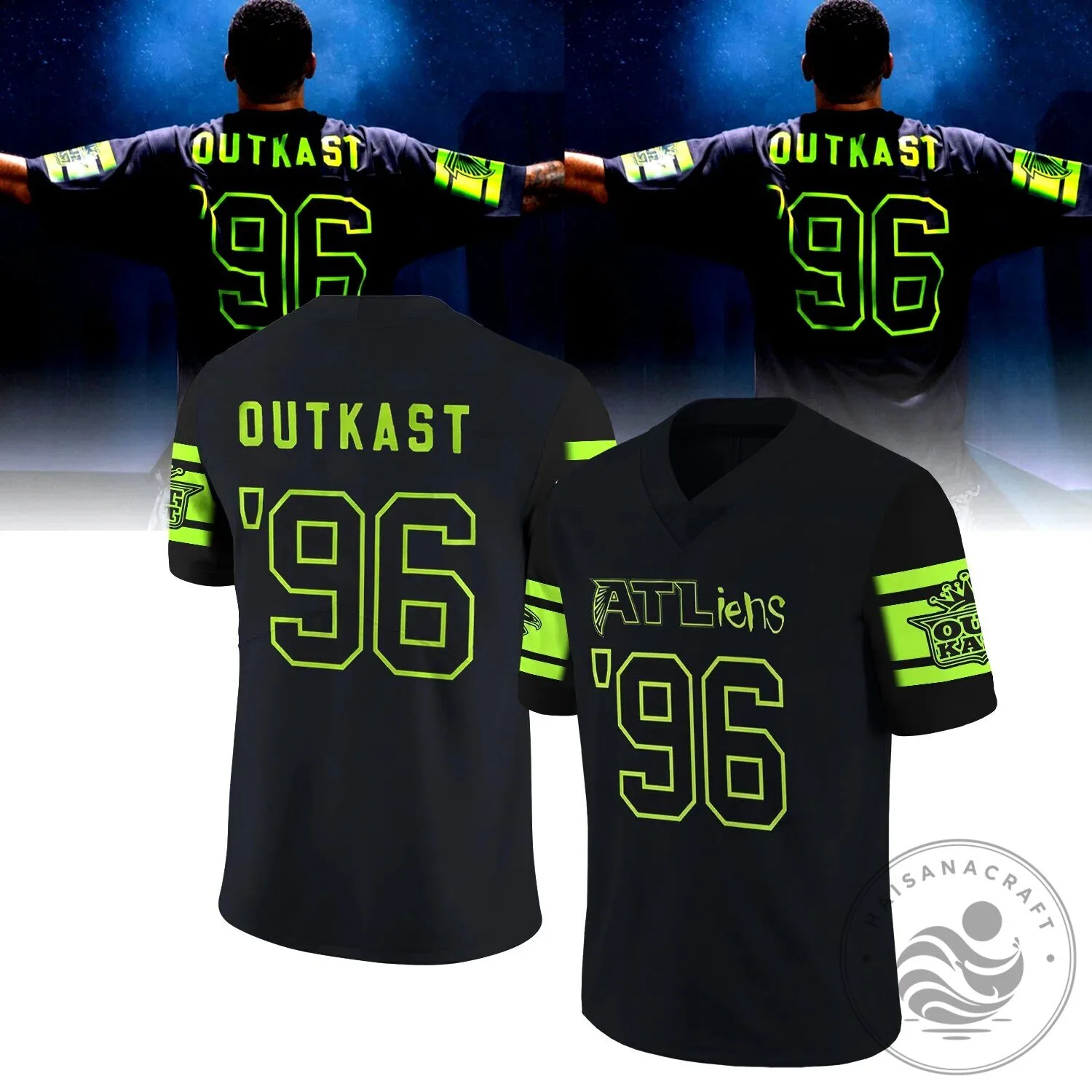 Black and Neon Green Football Jersey featuring OutKast's ATLiens design